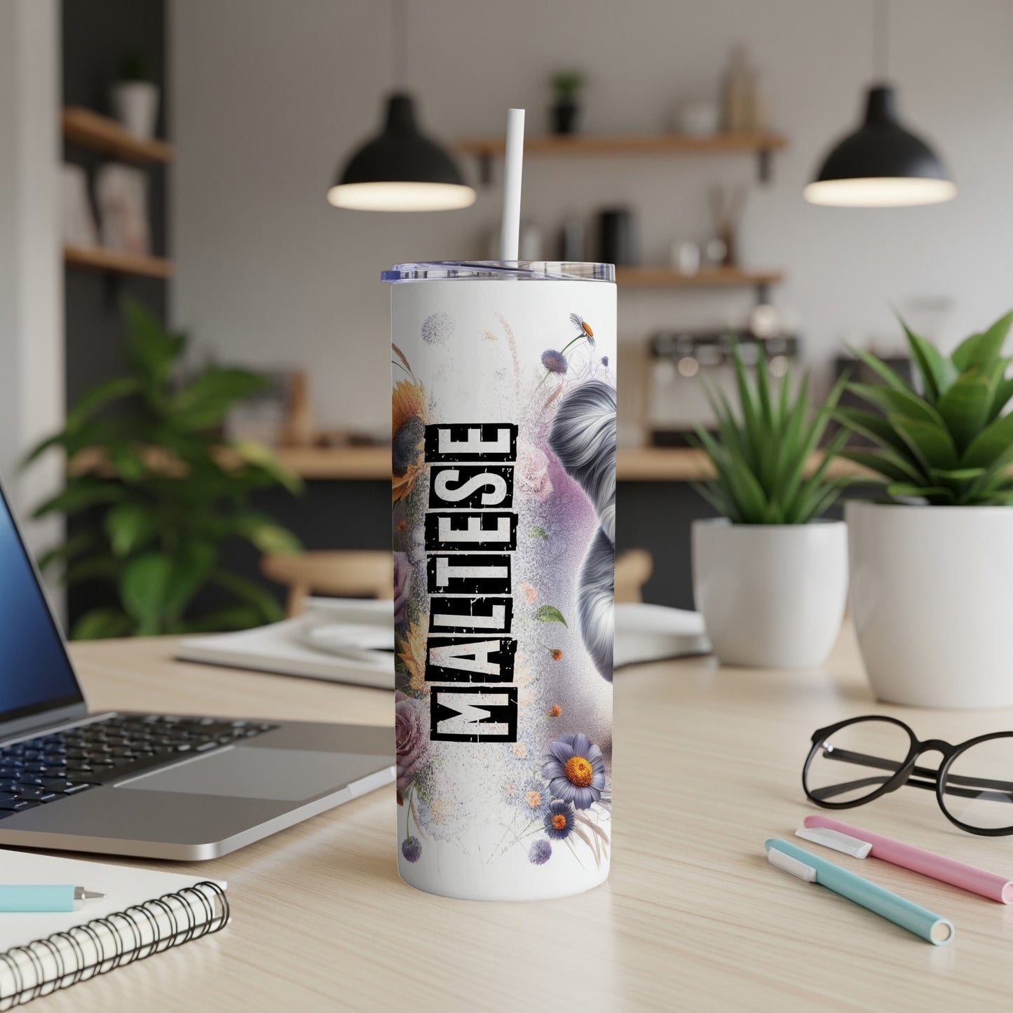 Maltese dog portrait on a white tumbler with floral accents.