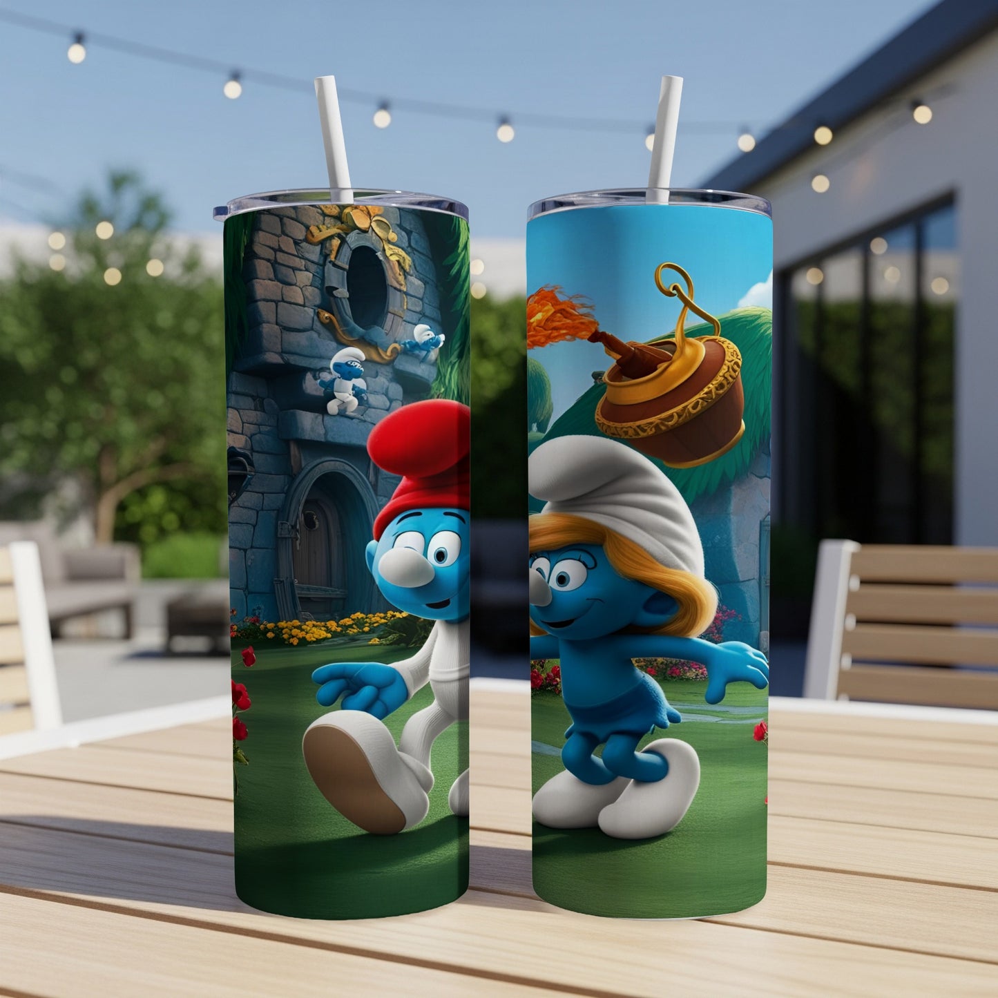 Two Smurfs, one with a red hat holding a flower, on a blurred background.