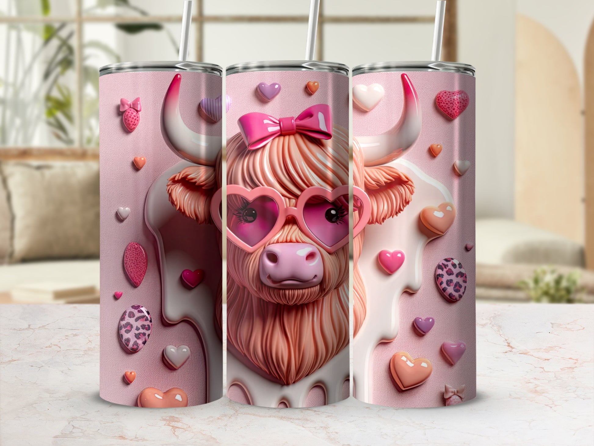 Highland cow with pink heart sunglasses and bows on a pastel background.