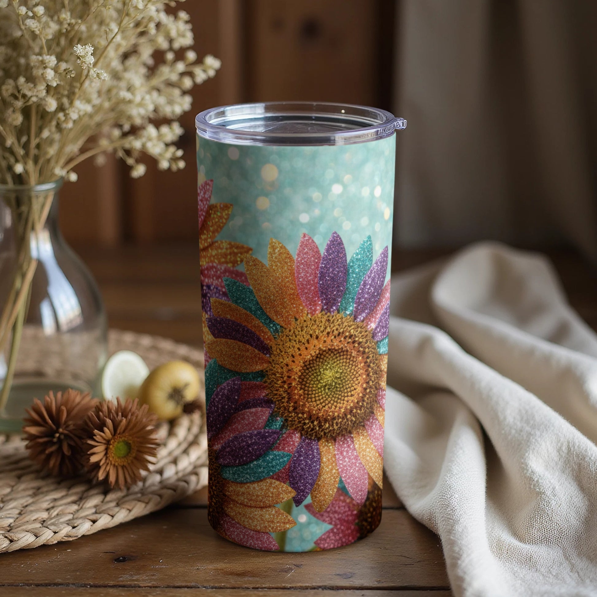Colorful Glittering Sunflowers Design Tumbler