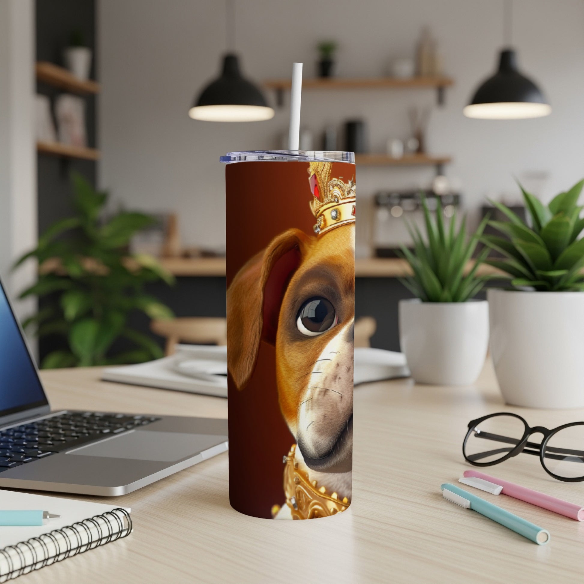 Kingly boxer dog illustration on a maroon tumbler with a white straw.