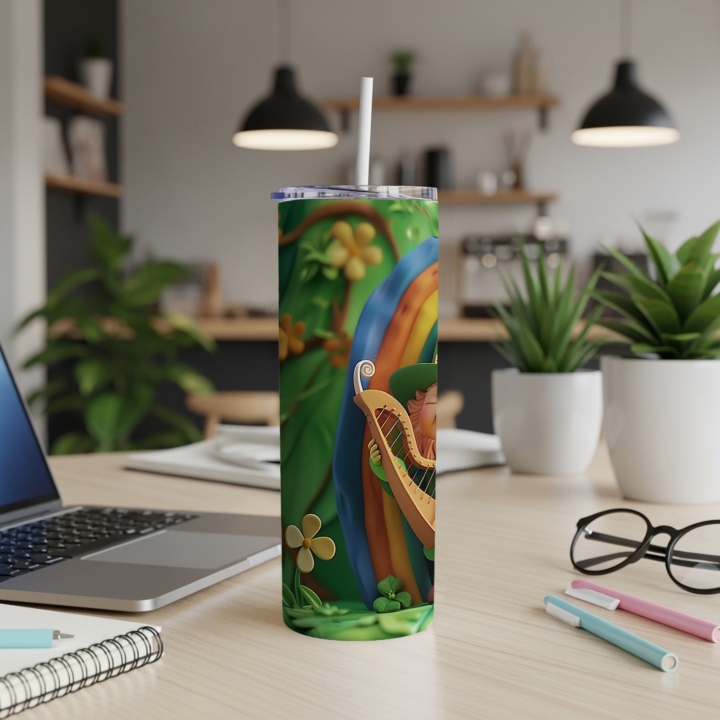 Leprechaun playing harp with rainbow and flowers on a tumbler.