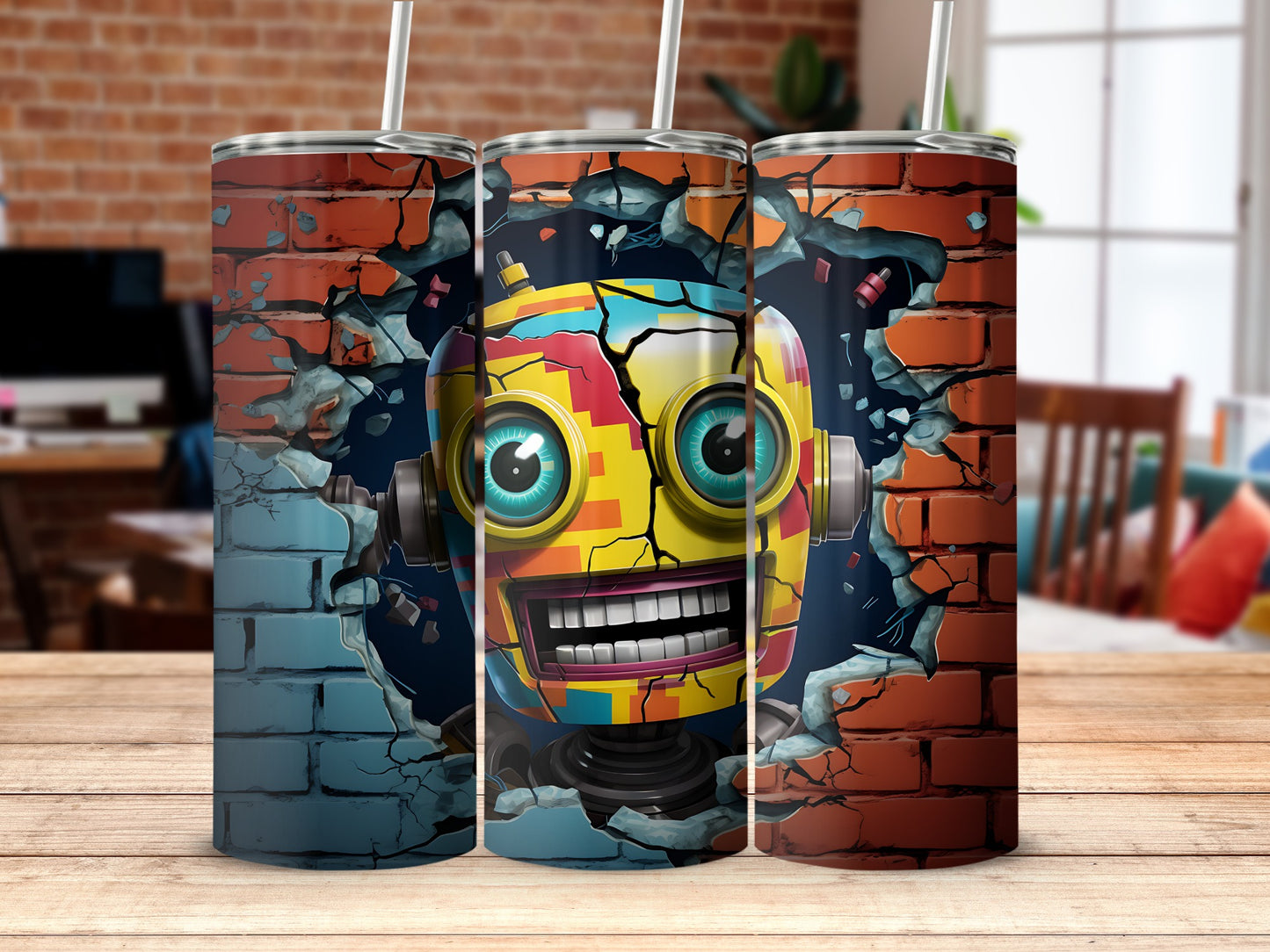 Colorful Robot Breaking Through Brick Wall Tumbler