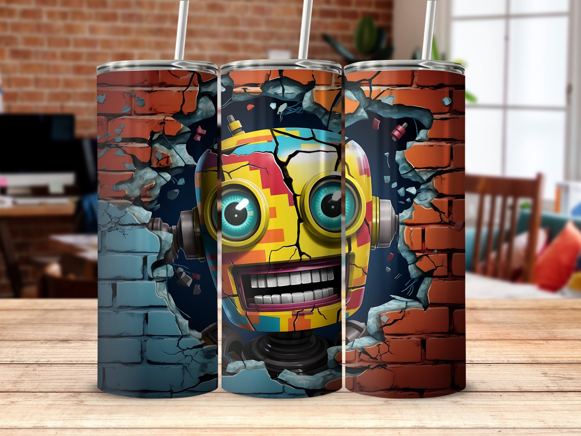 Colorful Robot Breaking Through Brick Wall Tumbler