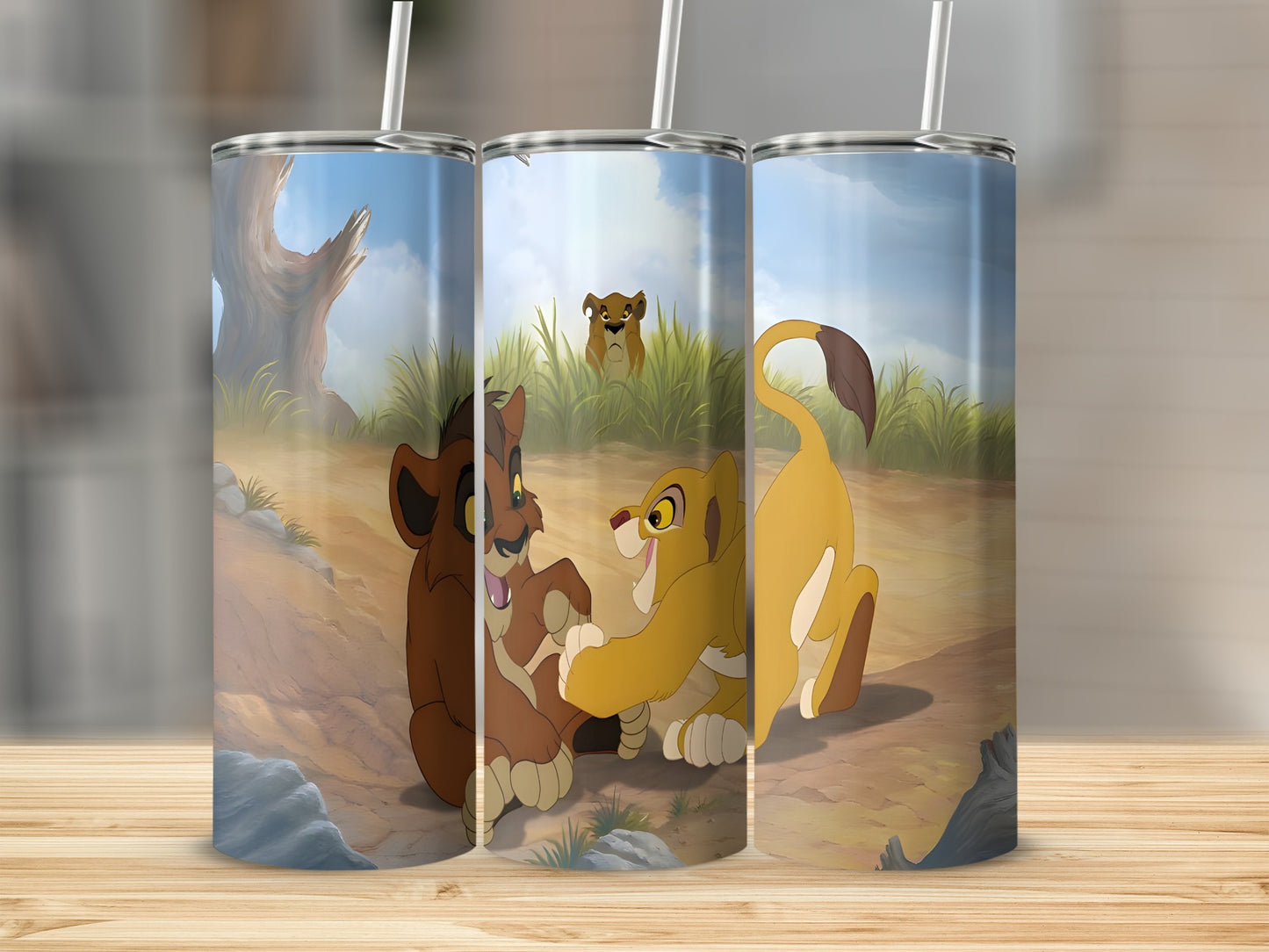 Simba and Nala playing, with Scar in the background.