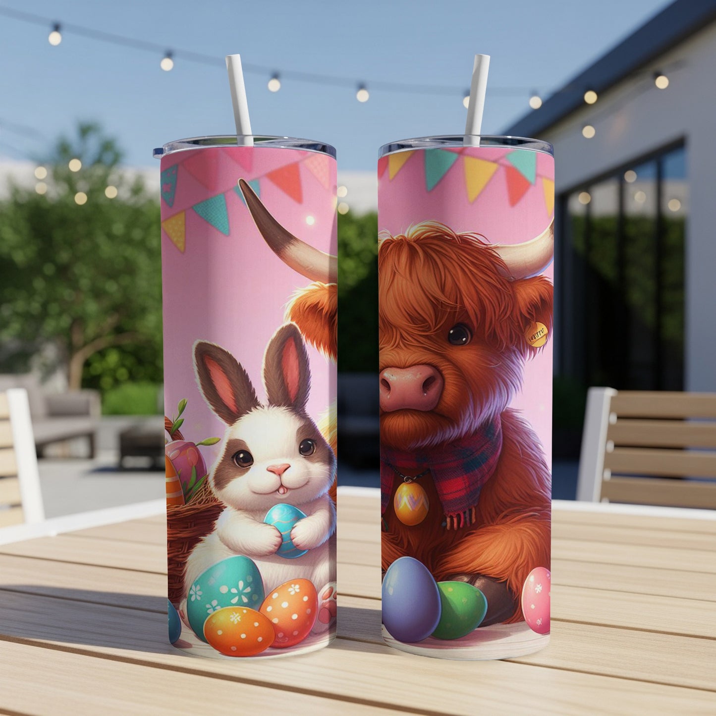 Easter bunny with painted eggs and a Highland cow with a scarf.