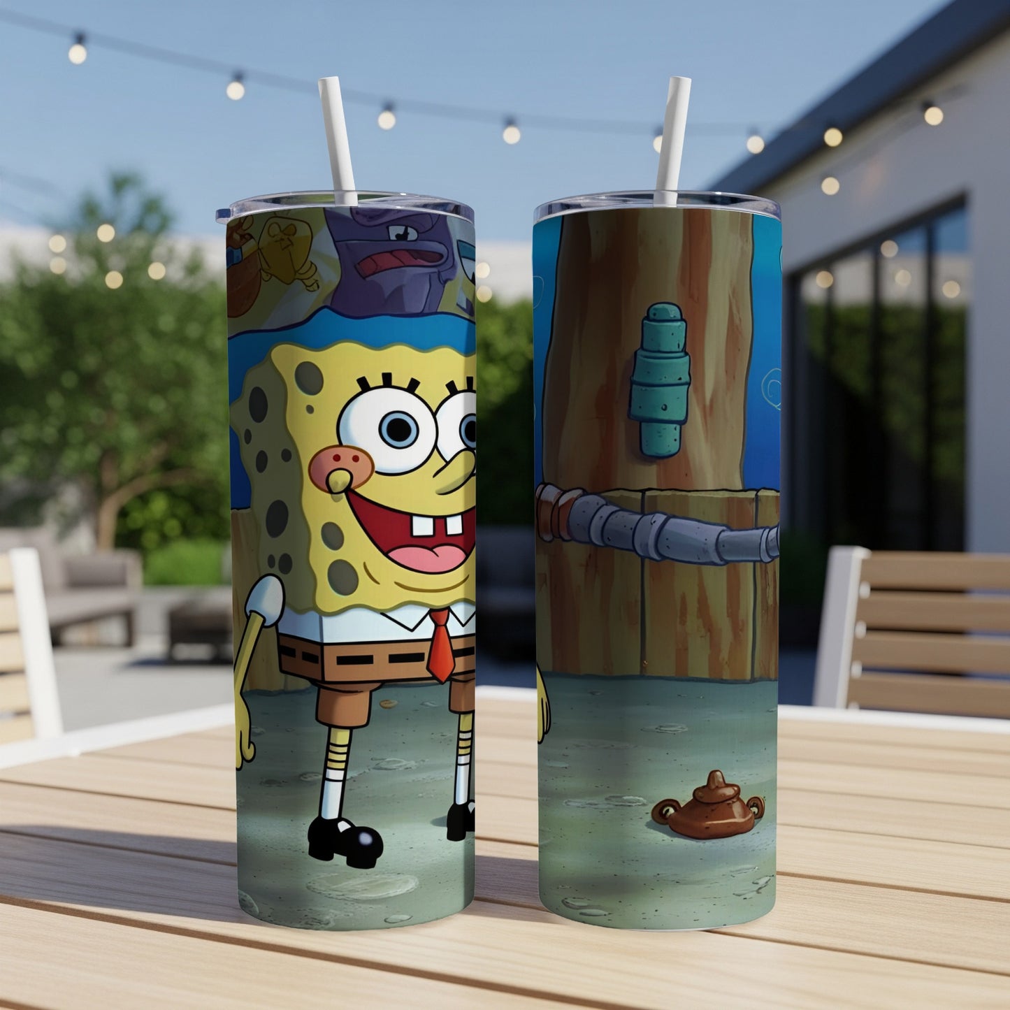 SpongeBob SquarePants standing in front of a Krusty Krab backdrop on a tumbler.