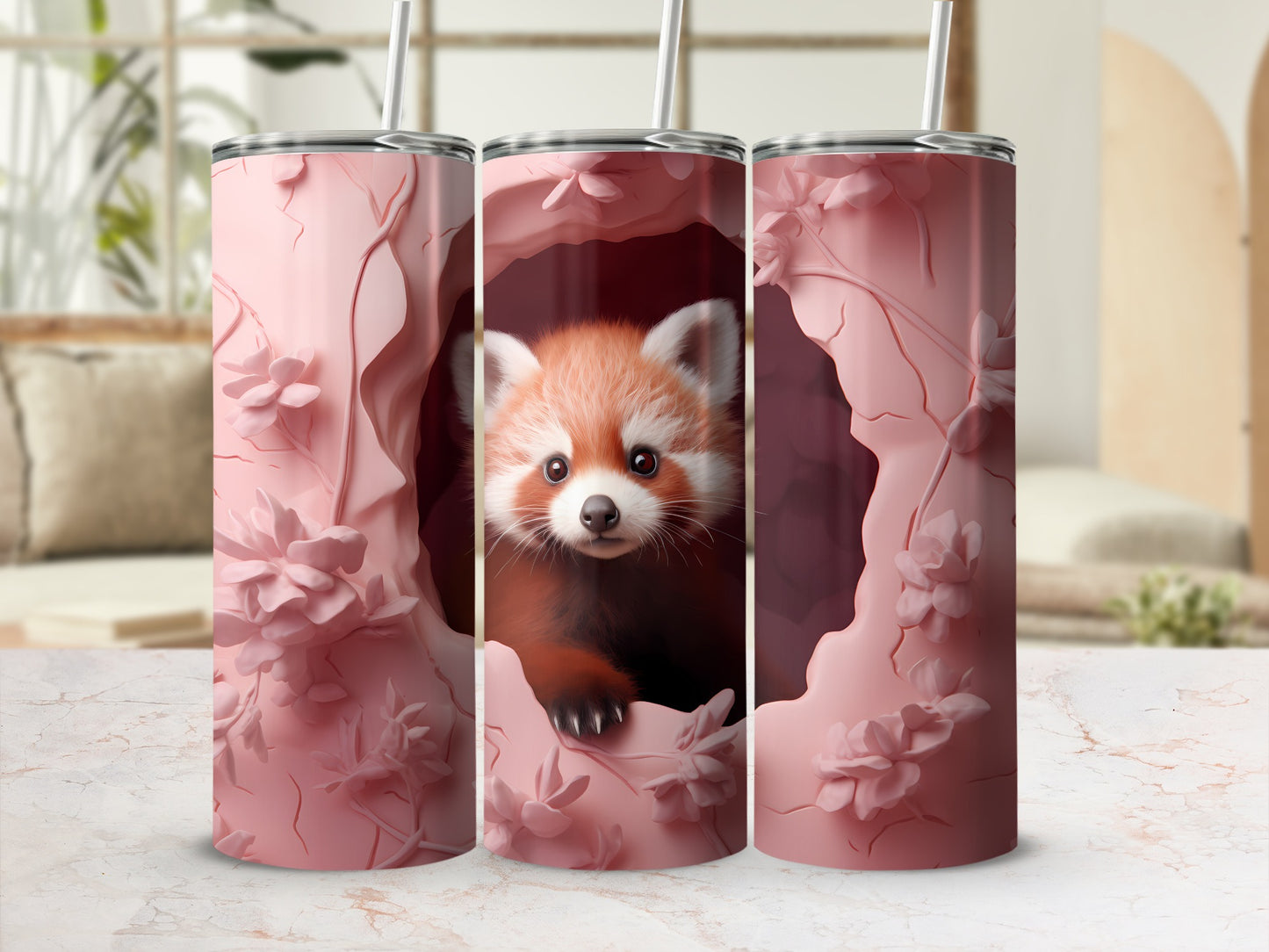 Red Panda and Pink Flowers Artwork Tumbler Cup