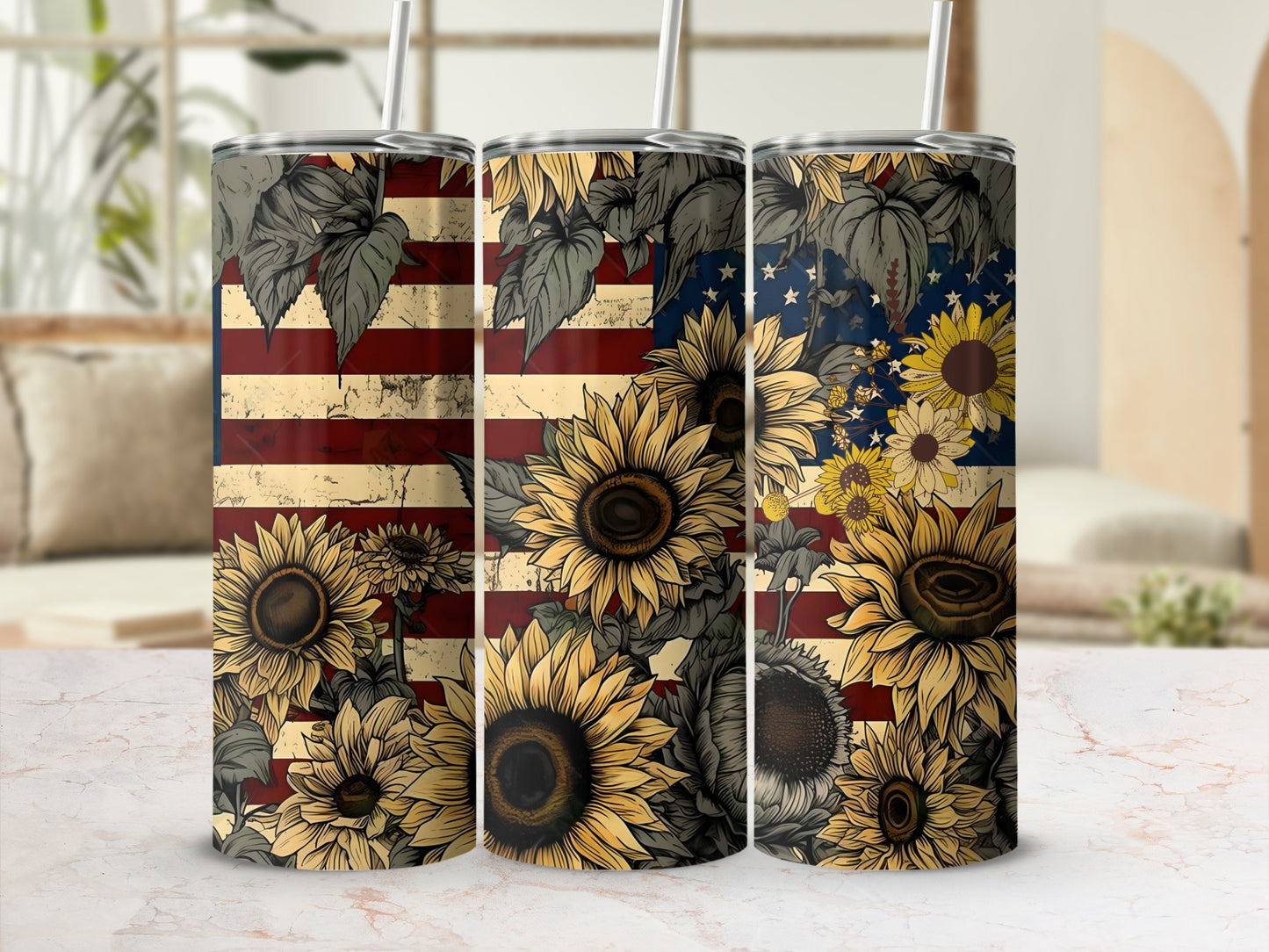 Vintage Sunflower American Flag Tumbler Cup product