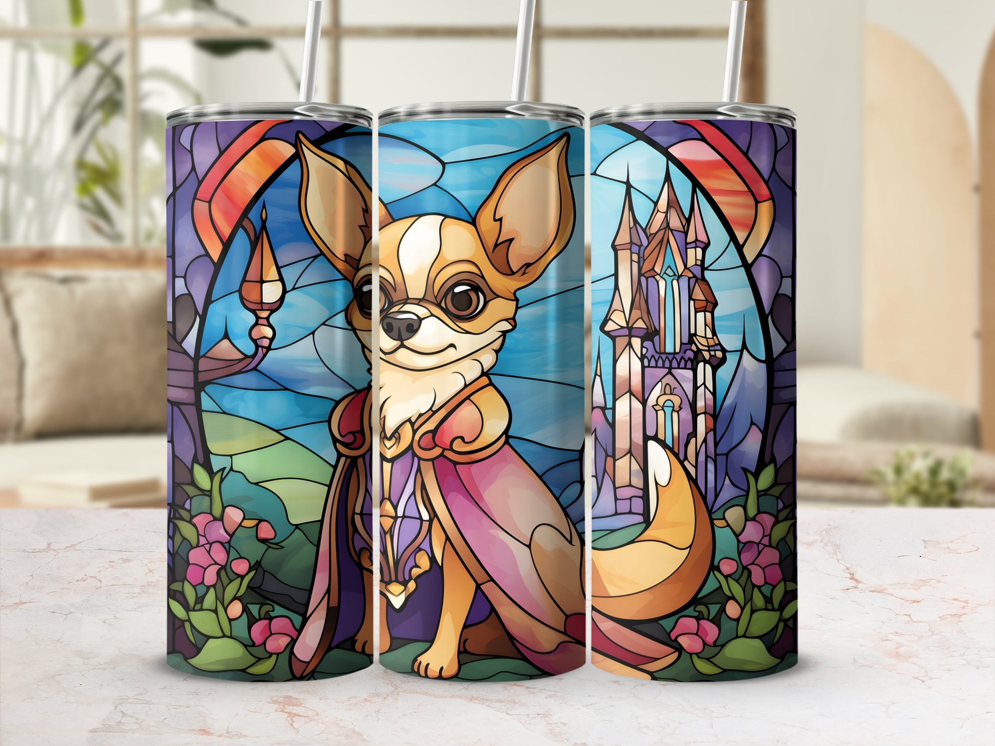 Chihuahua in stained glass style with castle and flowers.