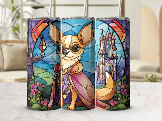Chihuahua in stained glass style with castle and flowers.