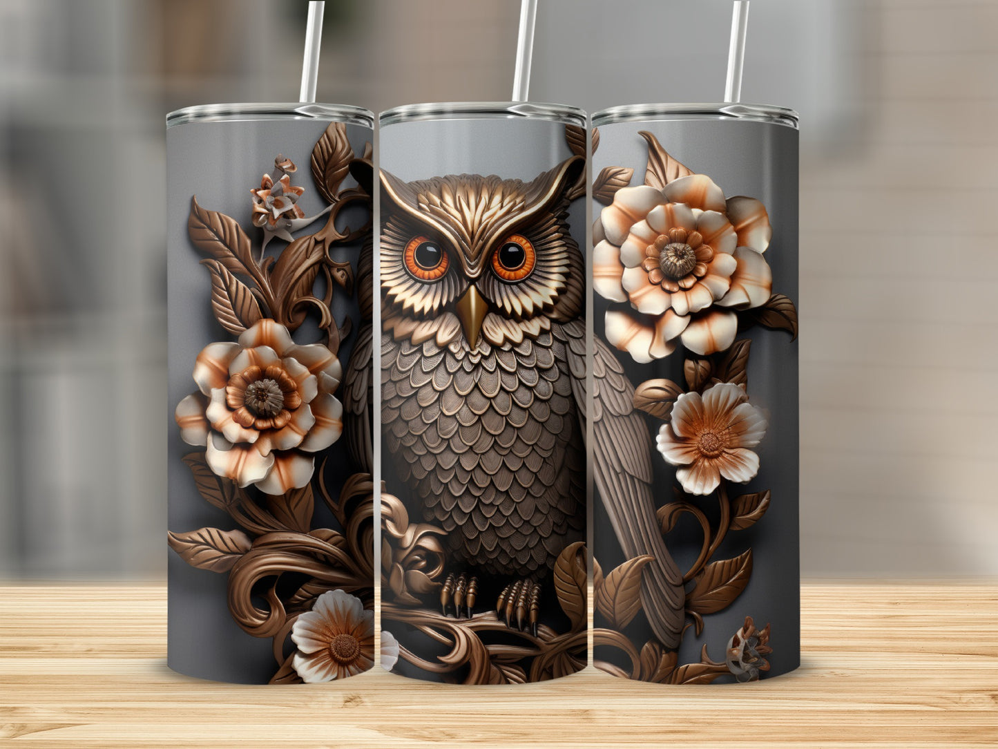 Triptych of owl and floral design on gray tumblers with straws.