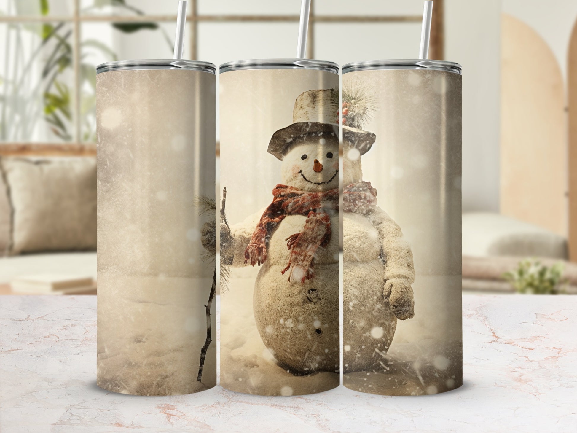 Vintage Snowman Christmas Scene Insulated Tumbler Set
