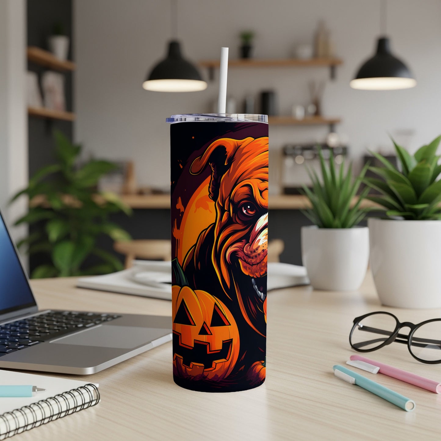 Tumbler with a spooky bulldog and jack-o'-lantern Halloween design.