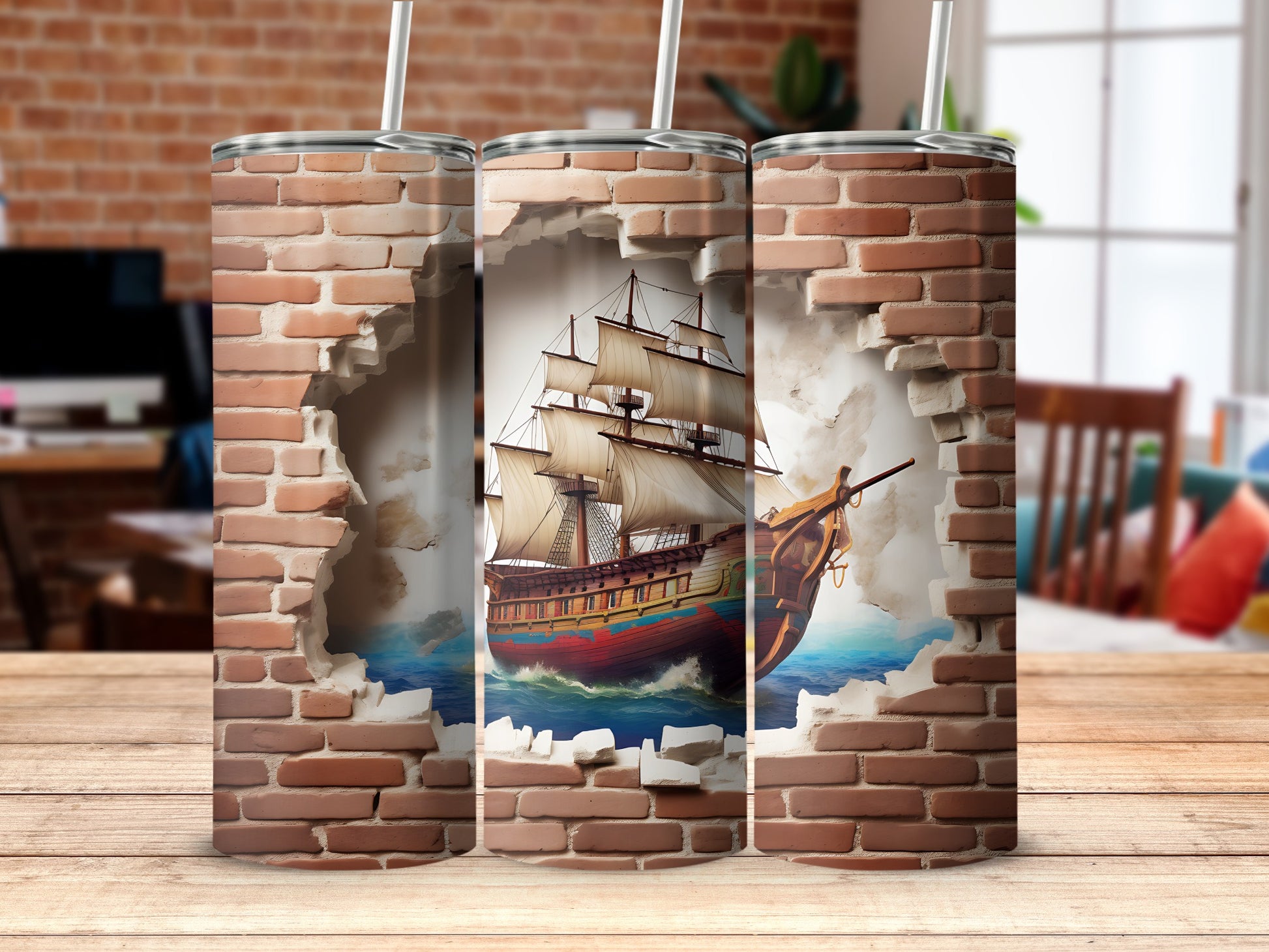 Pirate Ship Wall Break Through Art Stainless Steel Tumbler