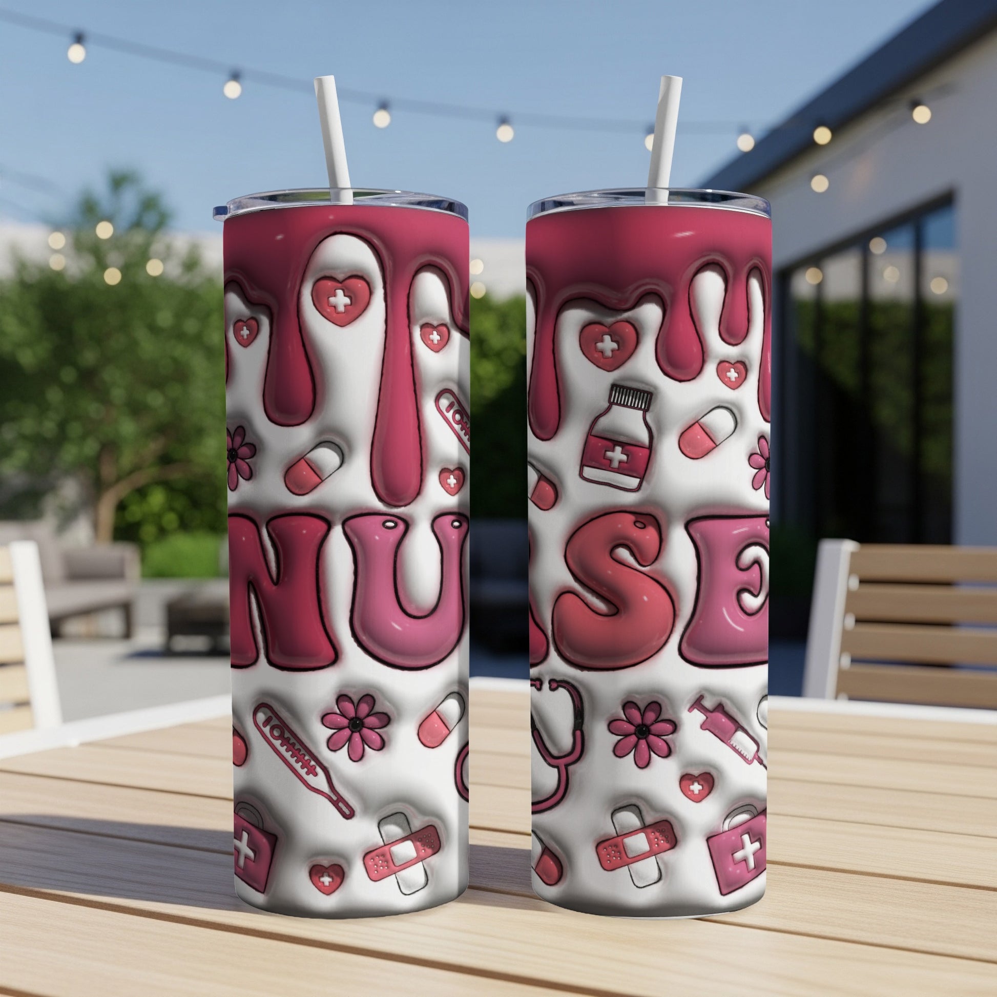 Pink nurse tumbler with medical icons and dripping text.