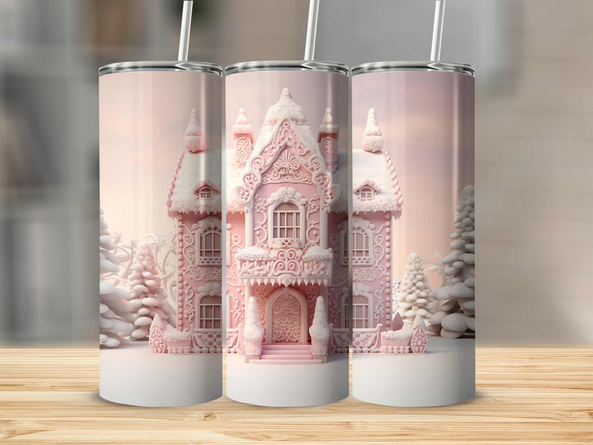 Gingerbread house tumbler with snowy trees and festive decorations.