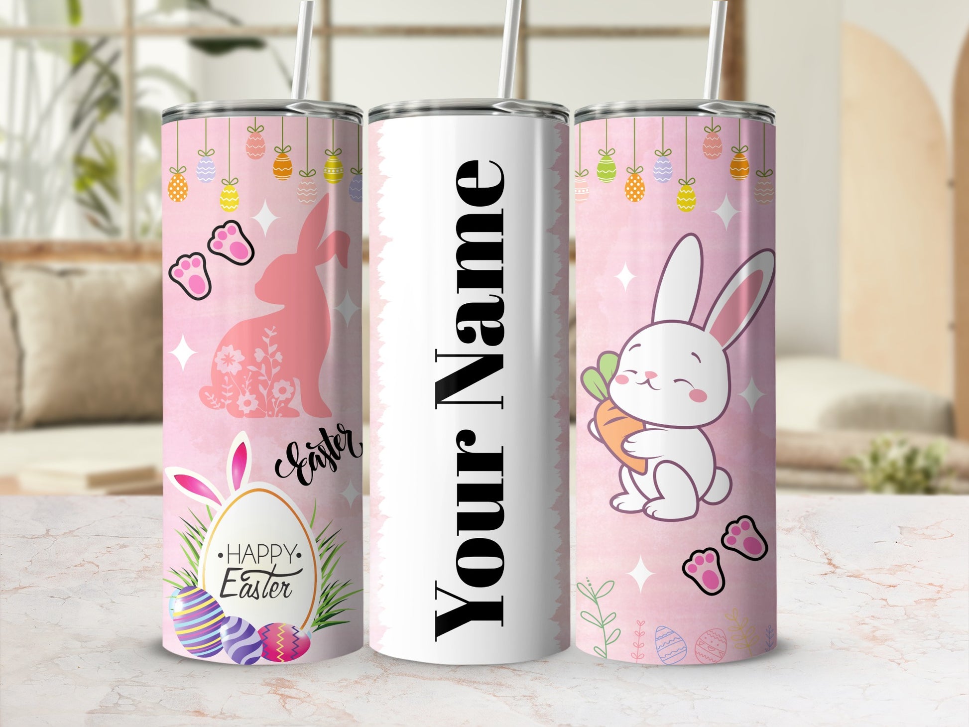 Personalized Happy Easter Bunny Themed Drink Tumbler