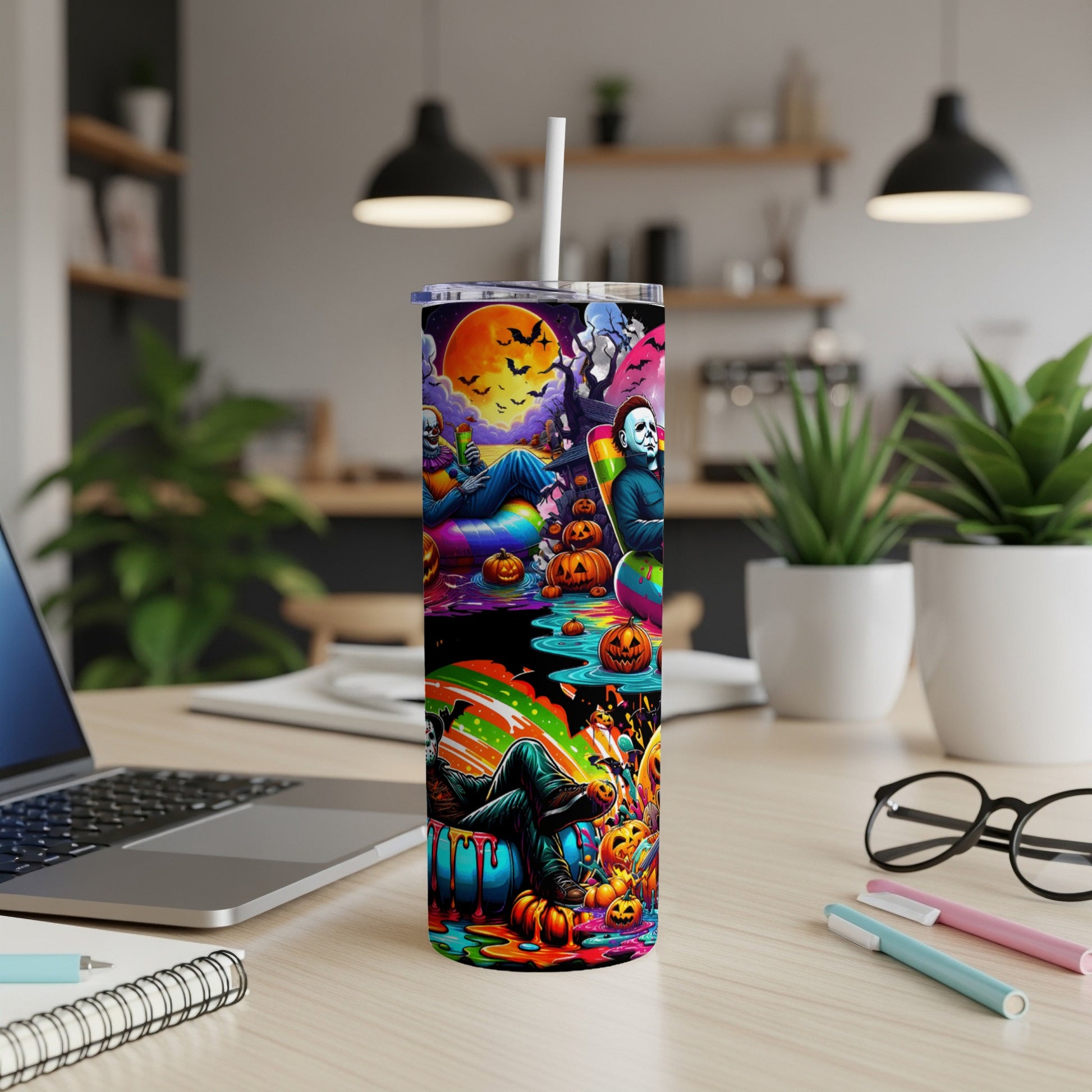 Halloween tumbler with Michael Myers, pumpkins, and spooky characters.