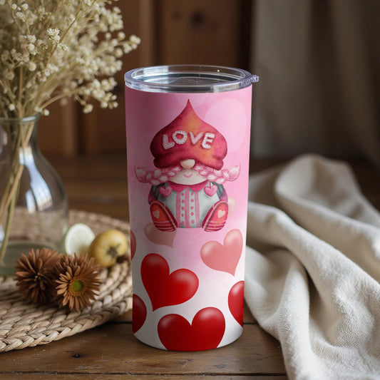 Pink Tumbler With Love Gnome And Hearts Design