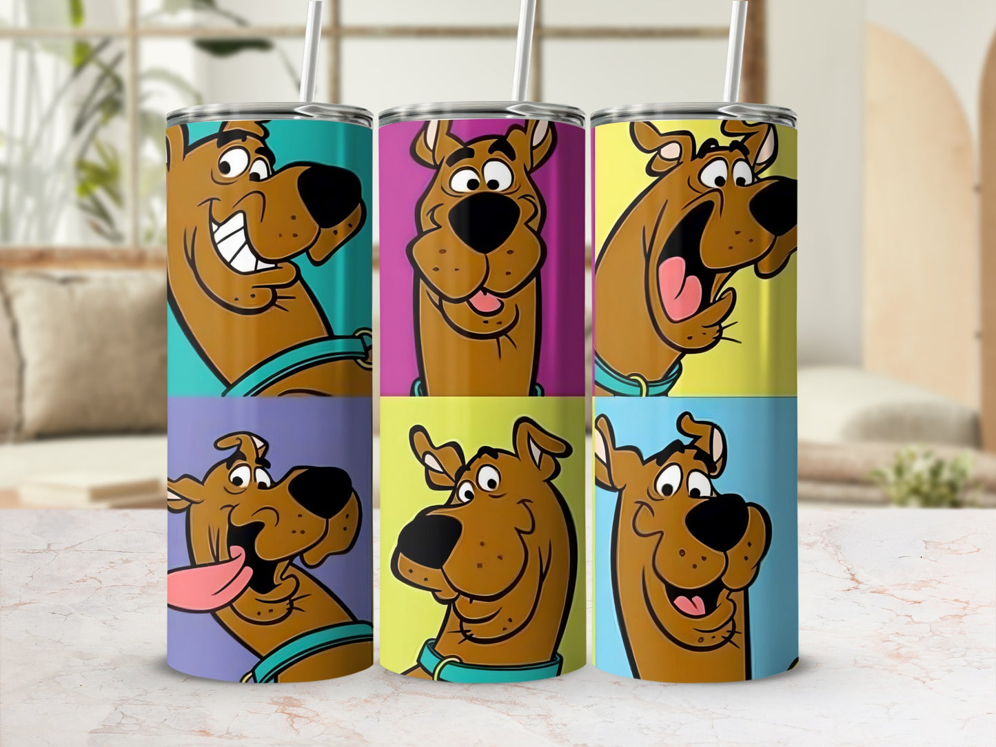 Six cartoon panels of Scooby-Doo in various expressions on cylindrical tumblers.