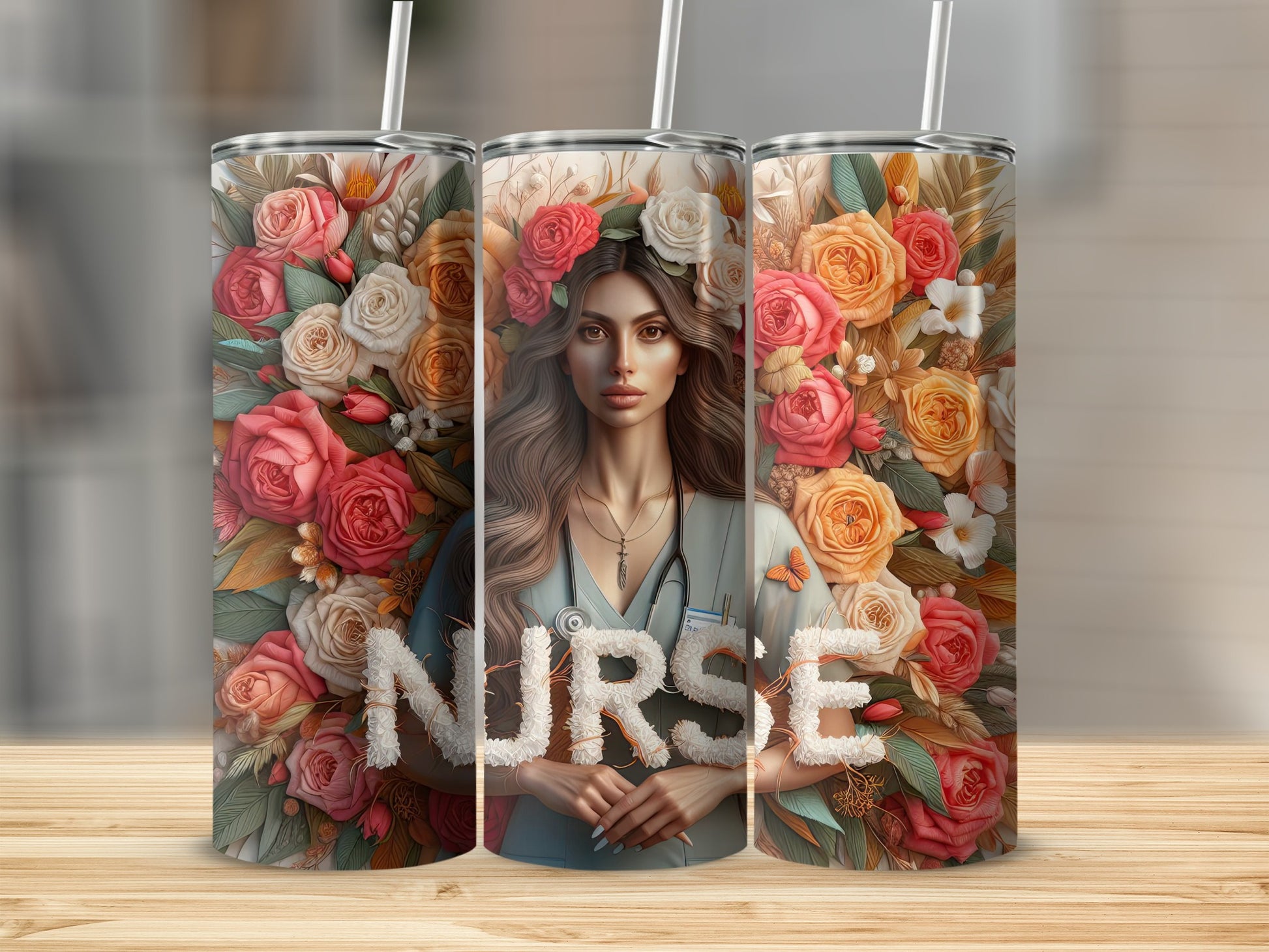 Nurse tumbler with floral background and "NURSE" text.