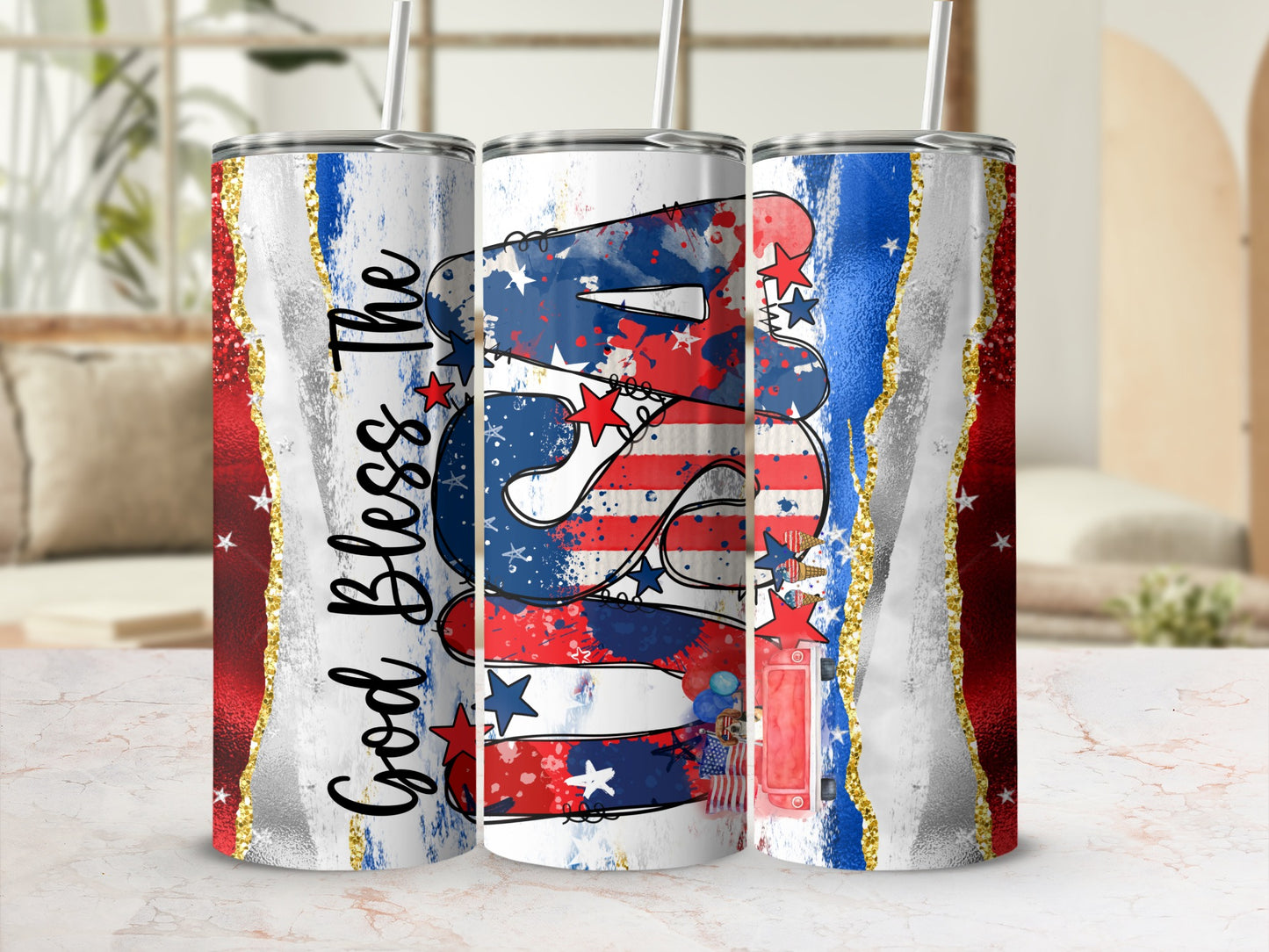 God Bless the USA patriotic tumbler with red, white, and blue stars.
