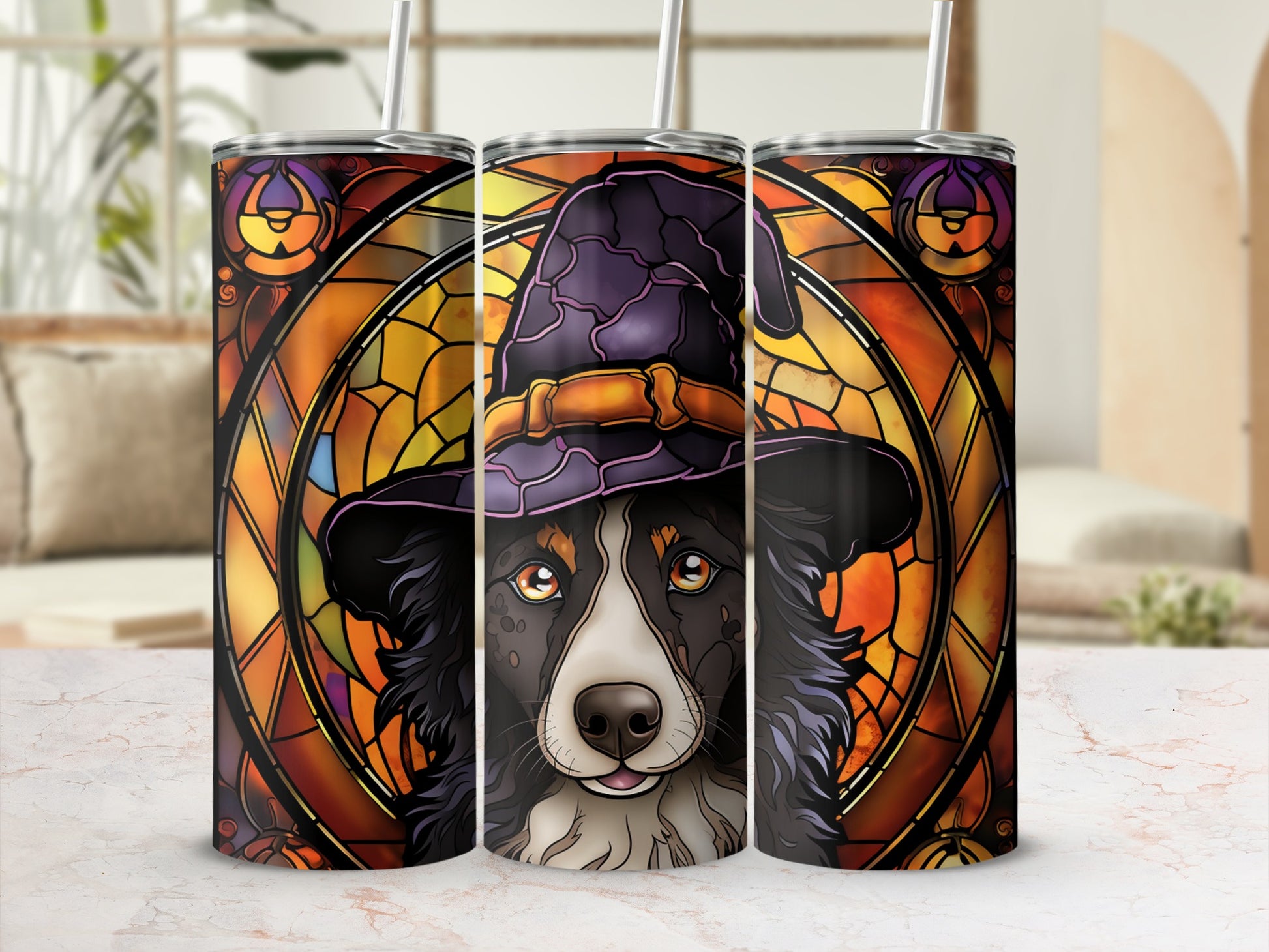 Border collie in a witch hat, stained glass background.