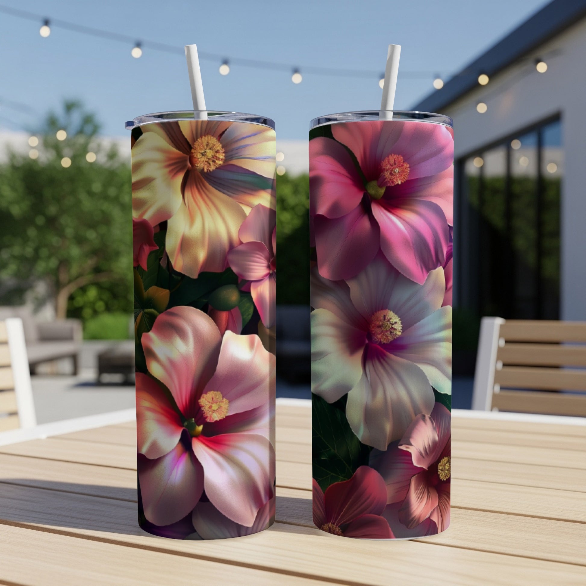 Two tall tumblers with a pink and yellow hibiscus floral pattern.