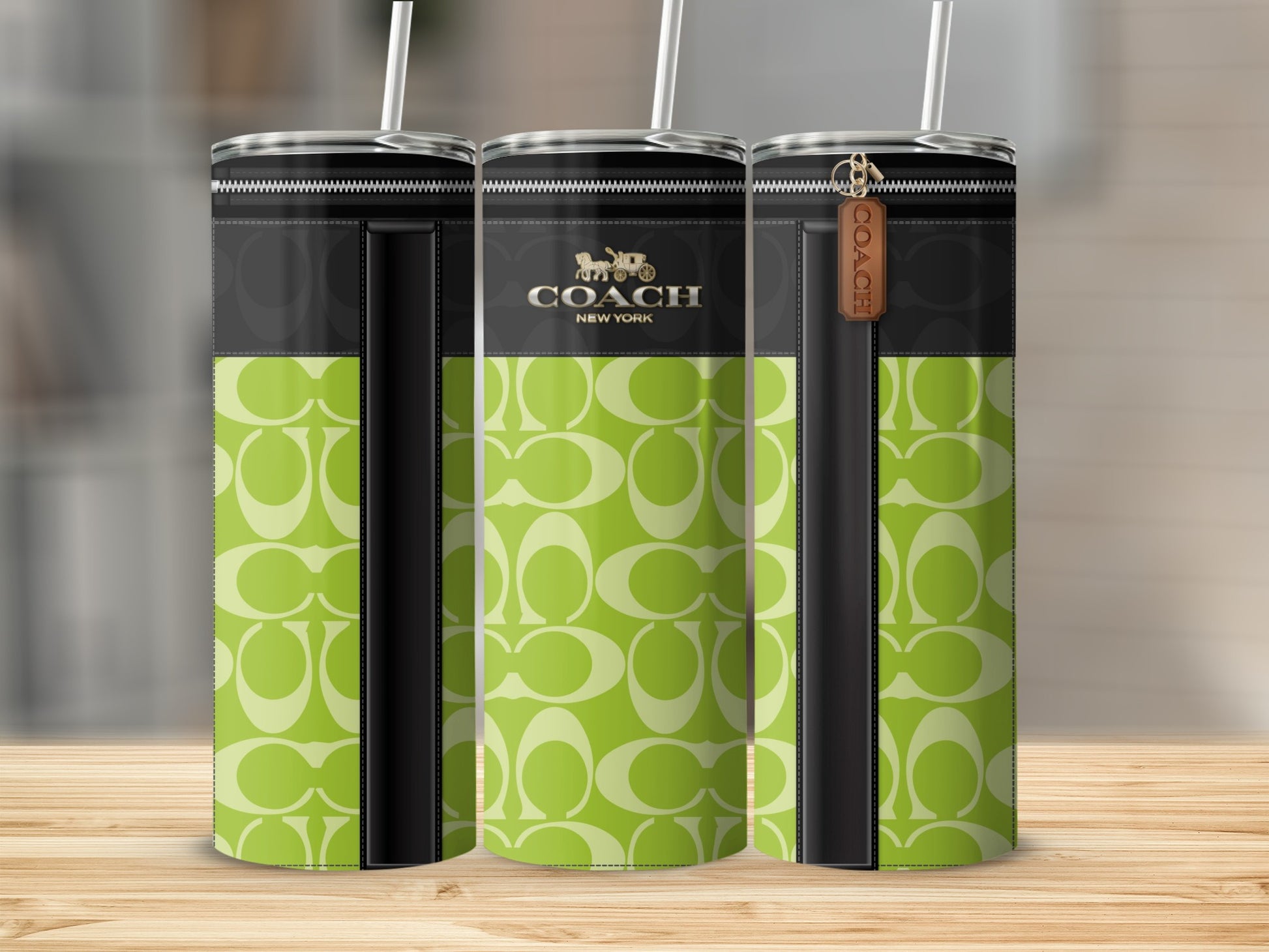 Green C Pattern Black Accent Coach Tumbler Cup
