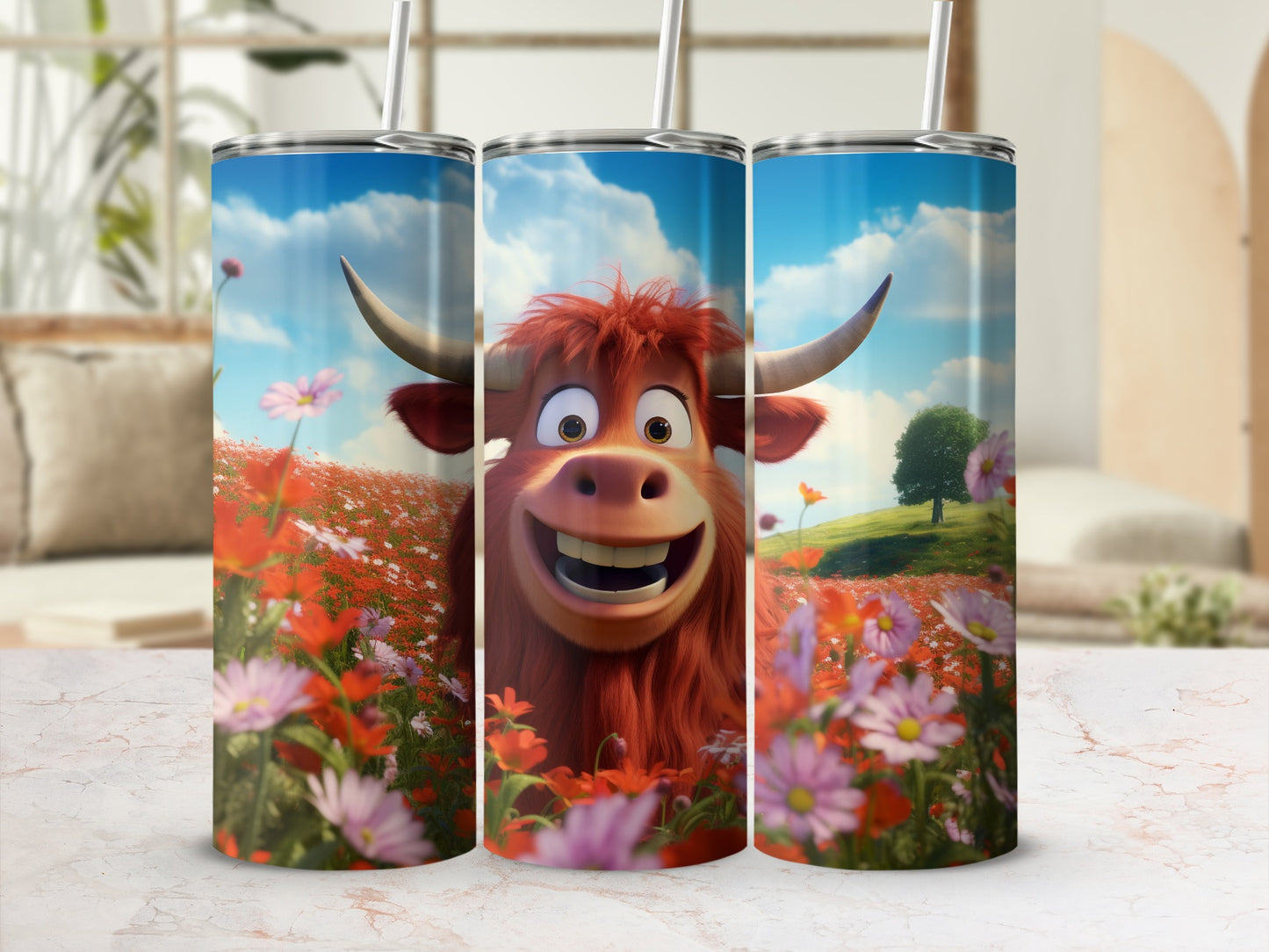 Colorful Cartoon Cow in Flower Field Travel Mug