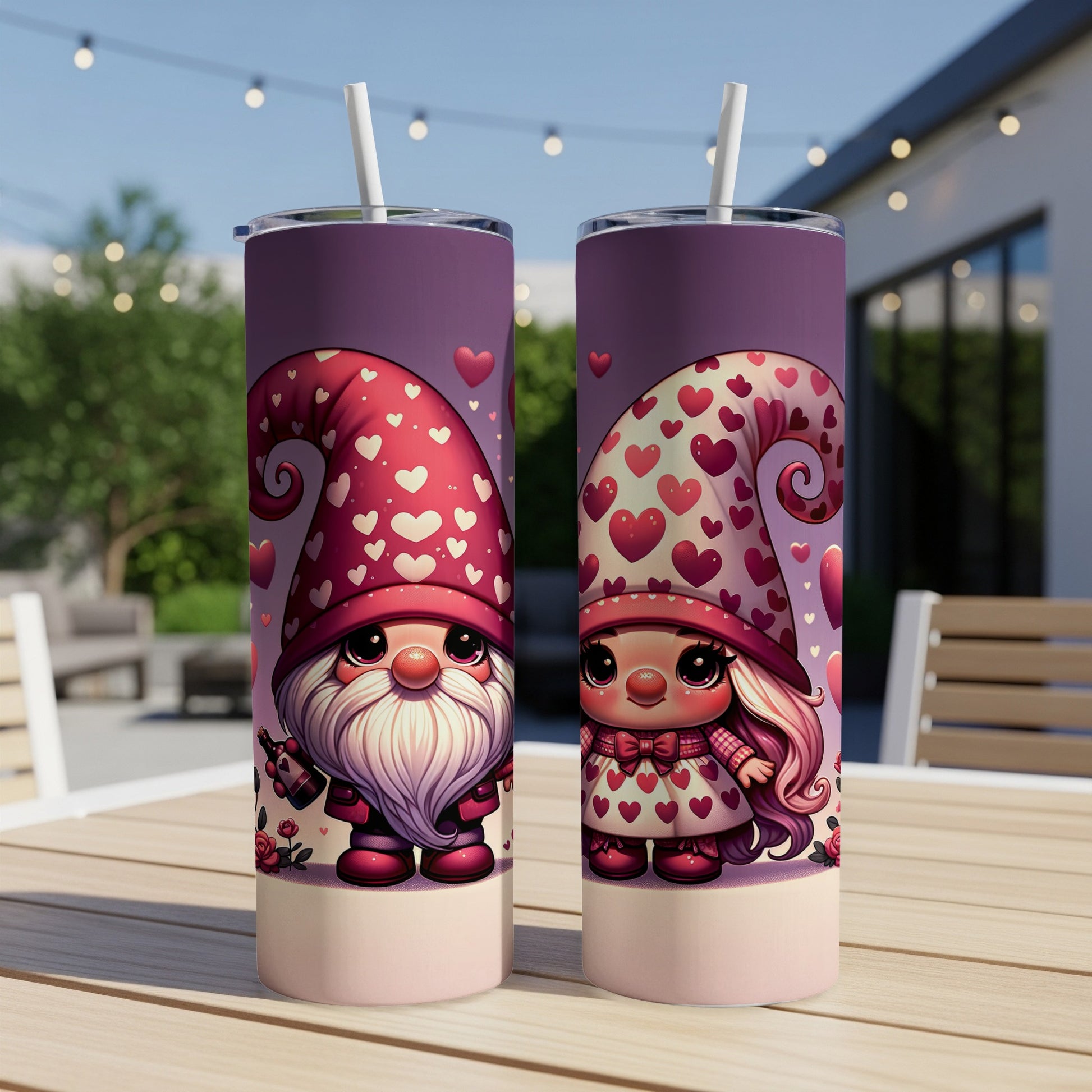 Two Valentine's Day gnomes with heart hats and a patterned background.