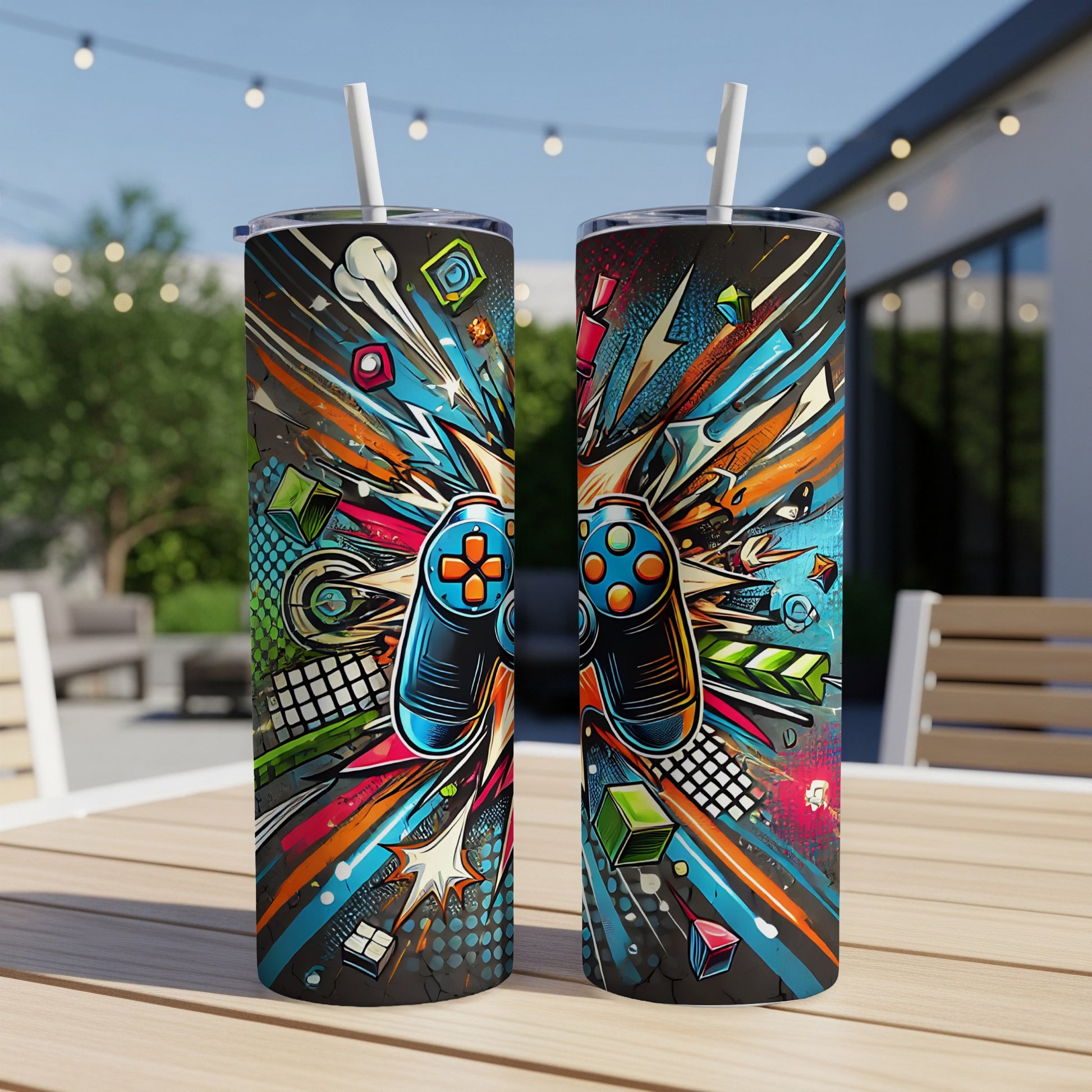 Two tall tumblers with colorful, abstract video game controller graphics.