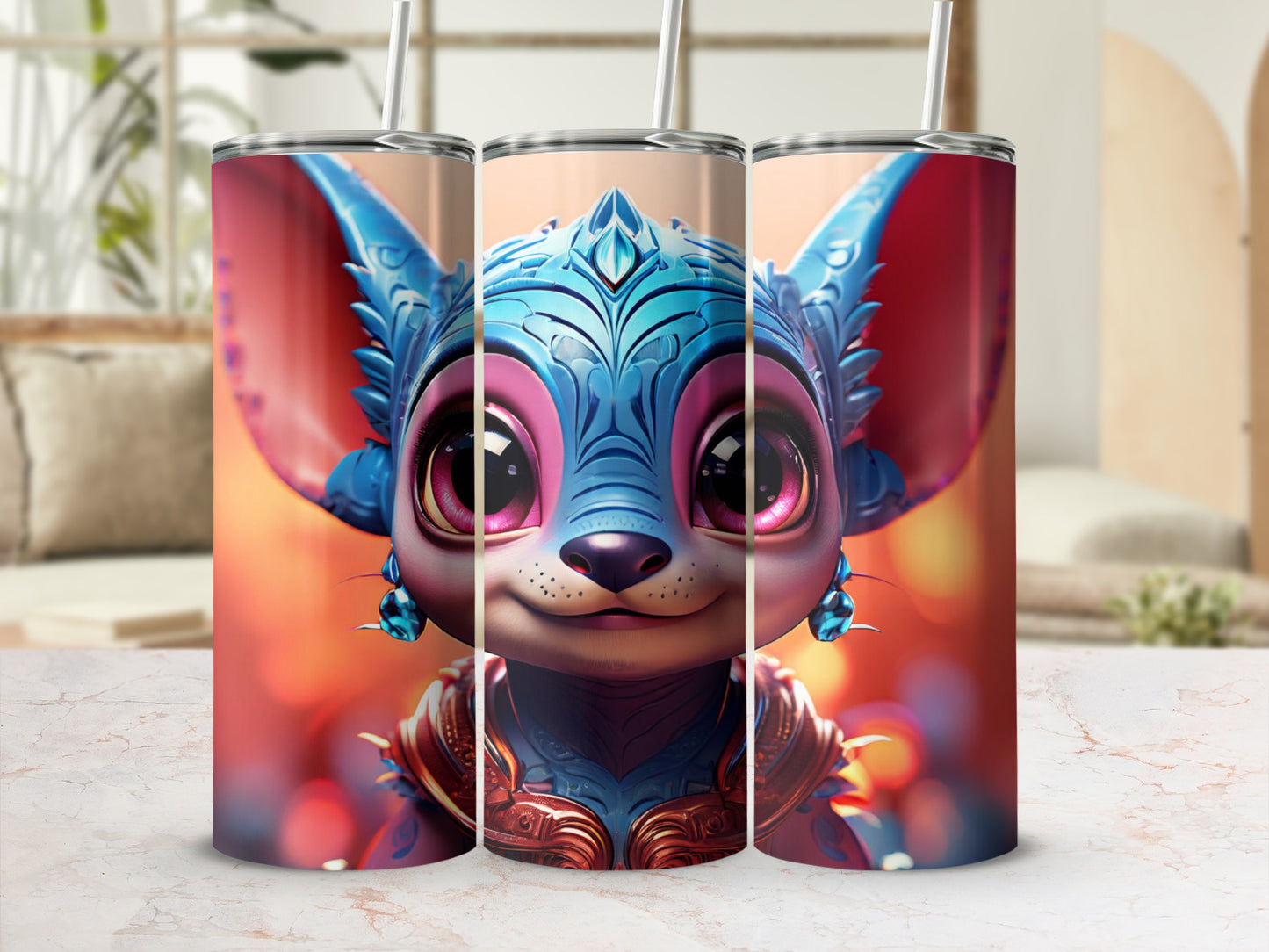 Three tumblers featuring a cartoon blue creature with large eyes and ornate headwear.