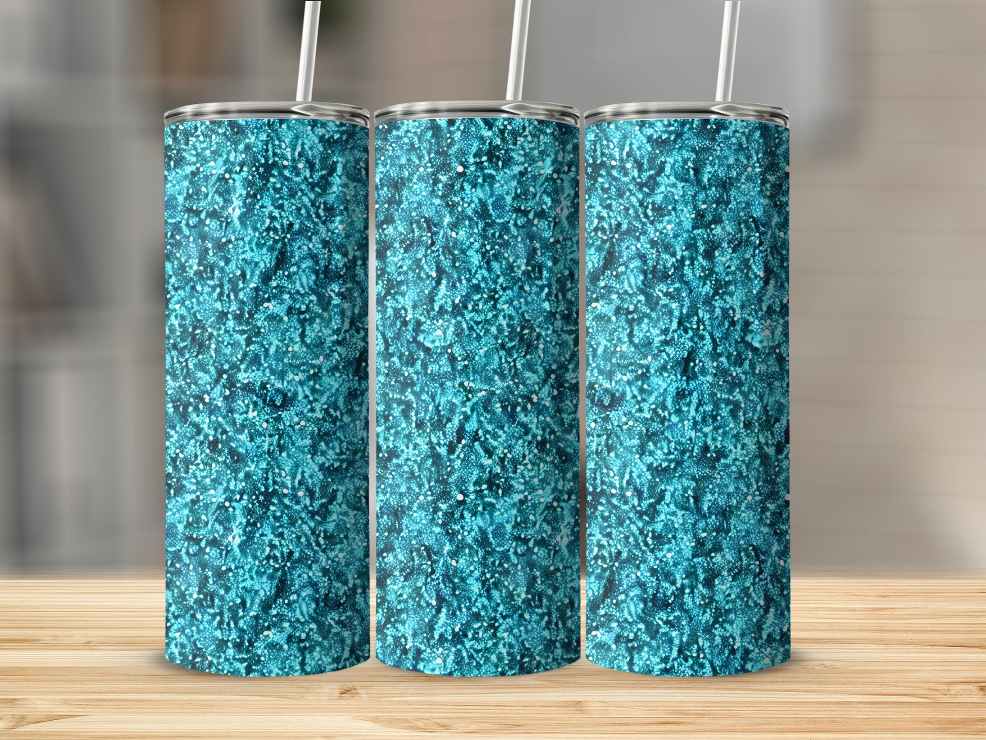 Sparkling Blue Glitter Design Tumbler Cups Set