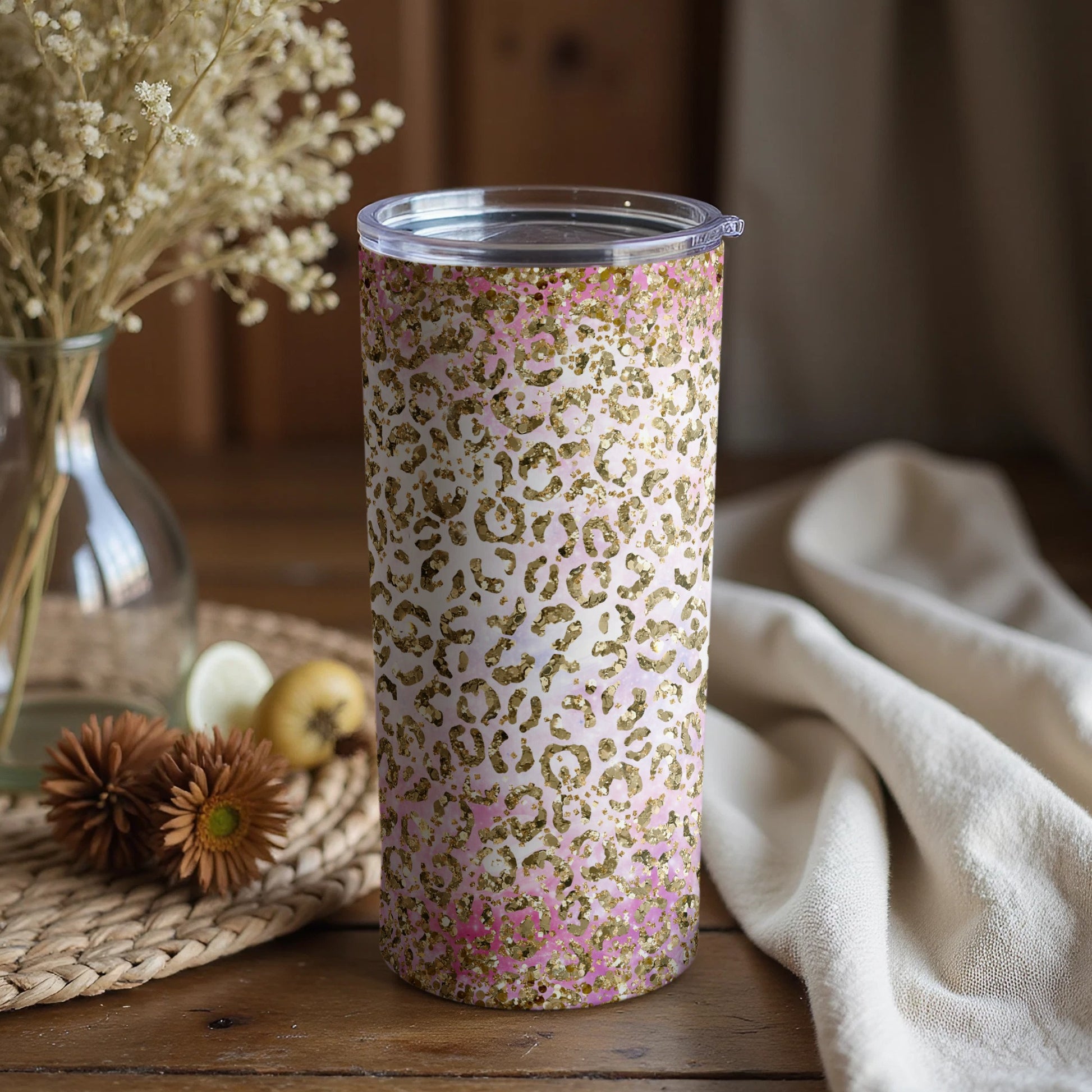 Glitter Leopard Pattern Tumbler with Lid Cup