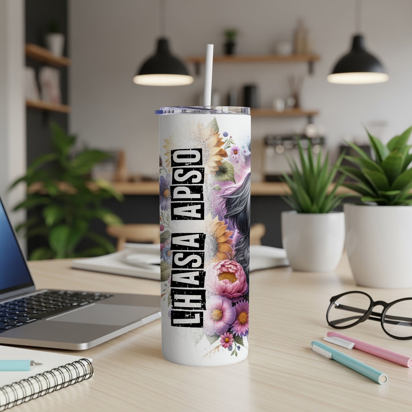 Tumbler with Lhasa Apso dog illustration and floral accents.