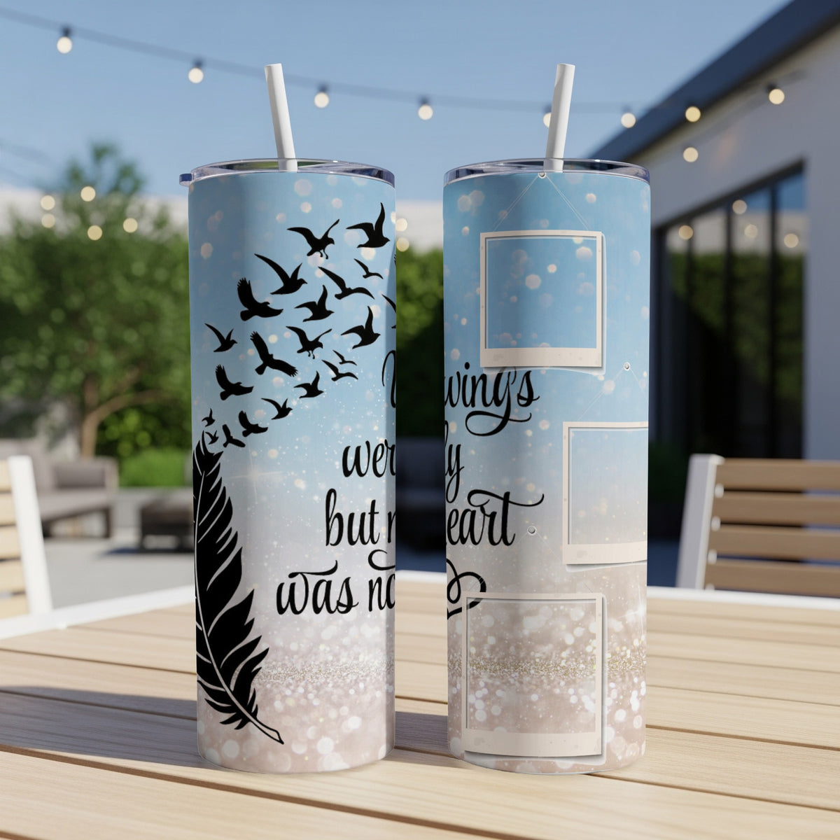 Two tumblers with a feather, birds in flight, and quote "Heaven's wings, but my heart was not".