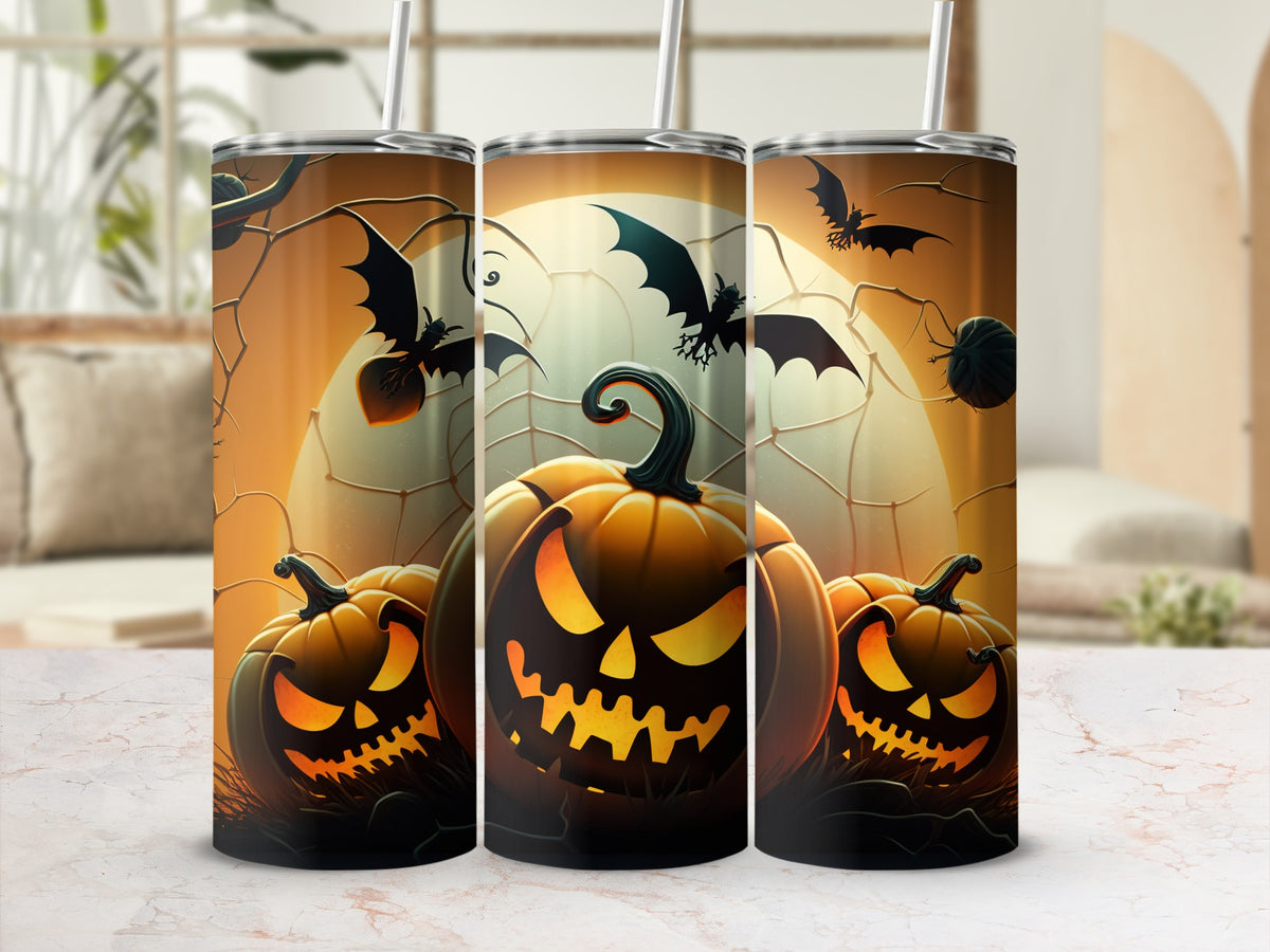 Three tumblers with a Halloween design featuring jack-o'-lanterns and bats.