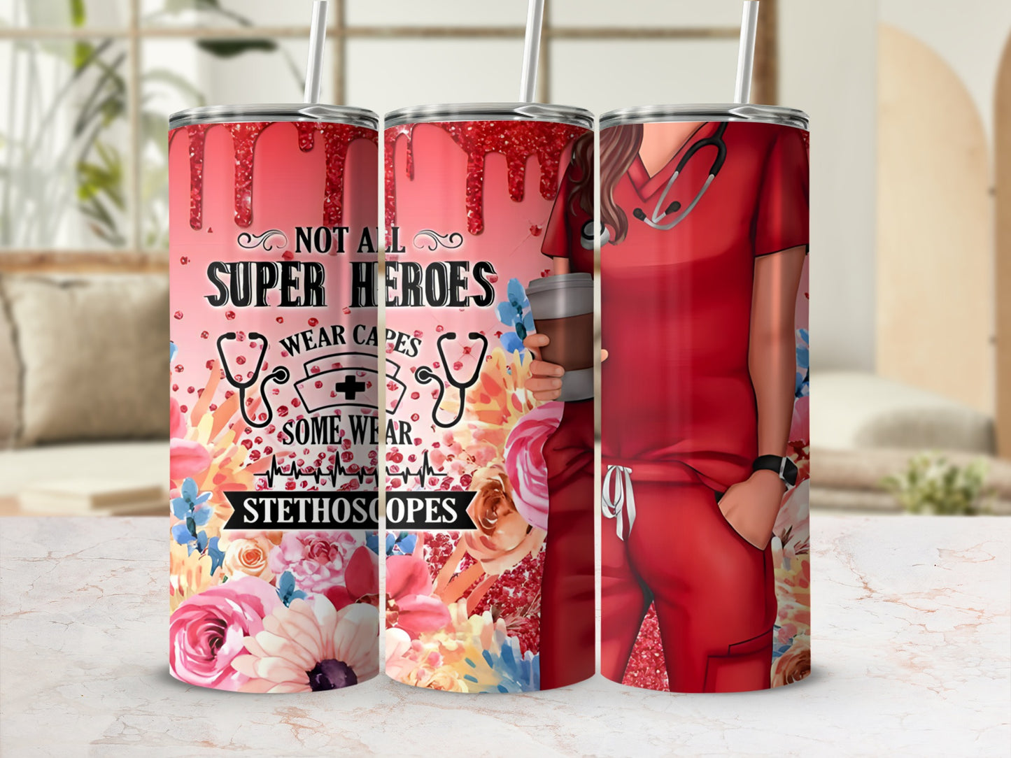 Tumbler with nurses in scrubs, stethoscope, and floral design.