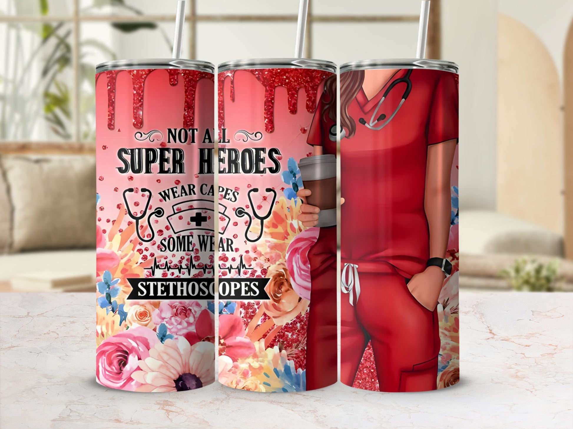 Tumbler with nurses in scrubs, stethoscope, and floral design.