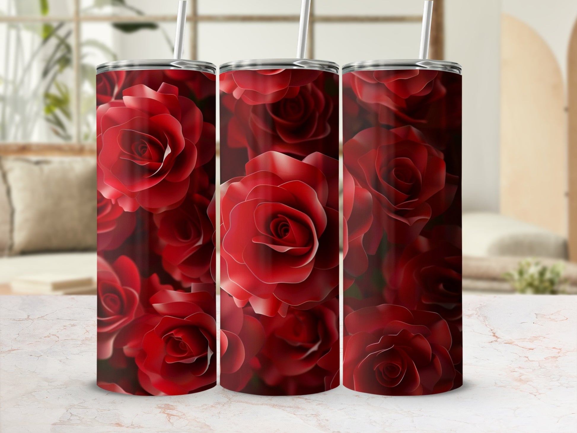 Three tumblers with a dark red rose floral pattern.