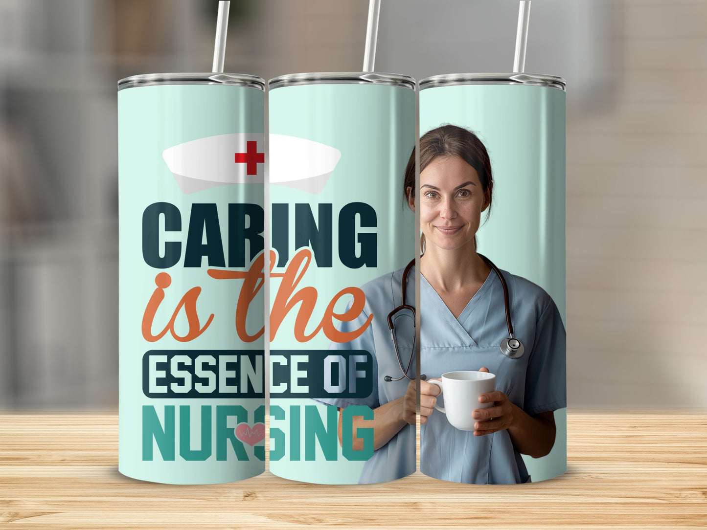 Nurse holding coffee cup with "Caring is the essence of nursing" text.