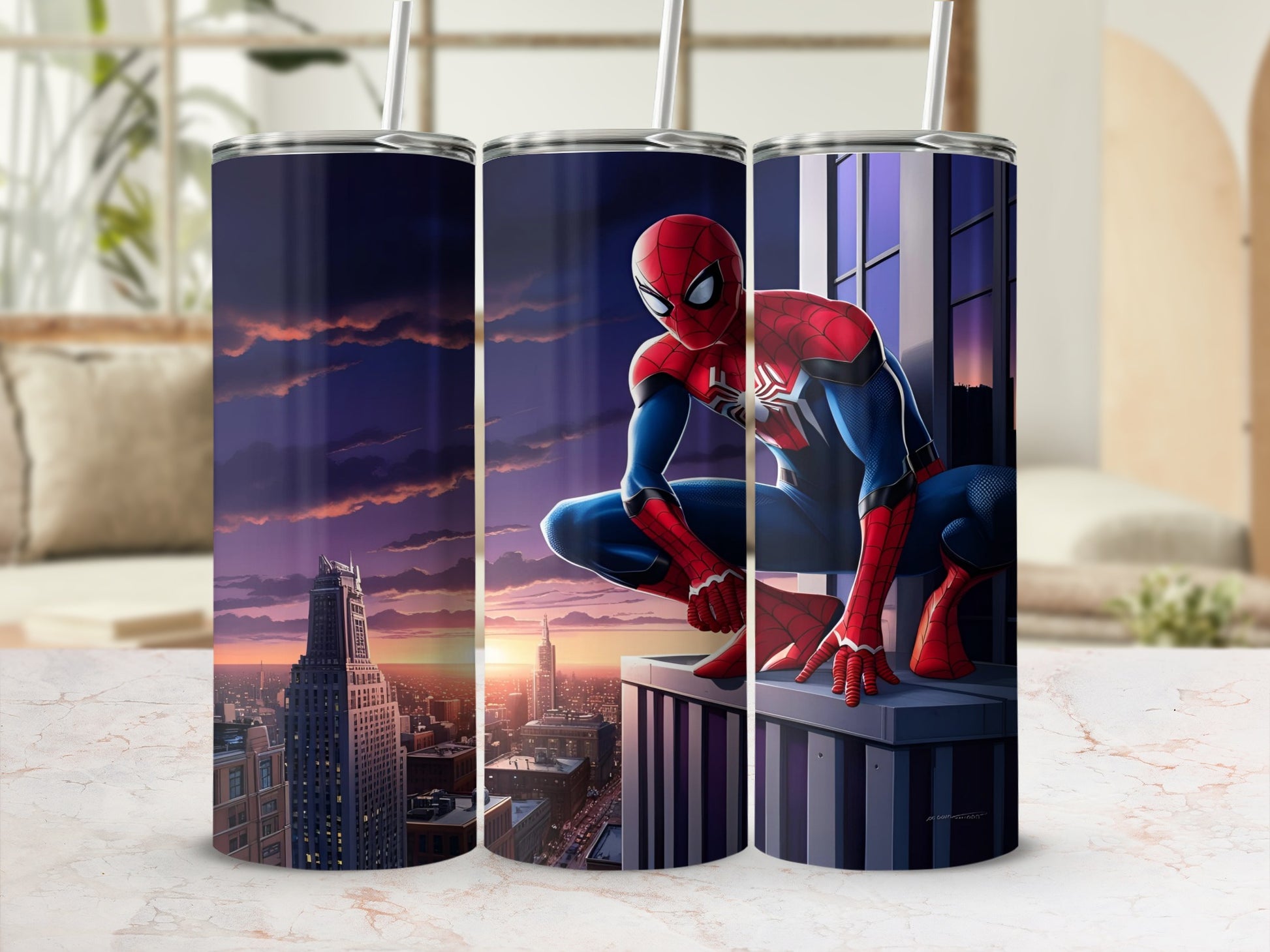 Spider-Man crouches on a building ledge at sunset.