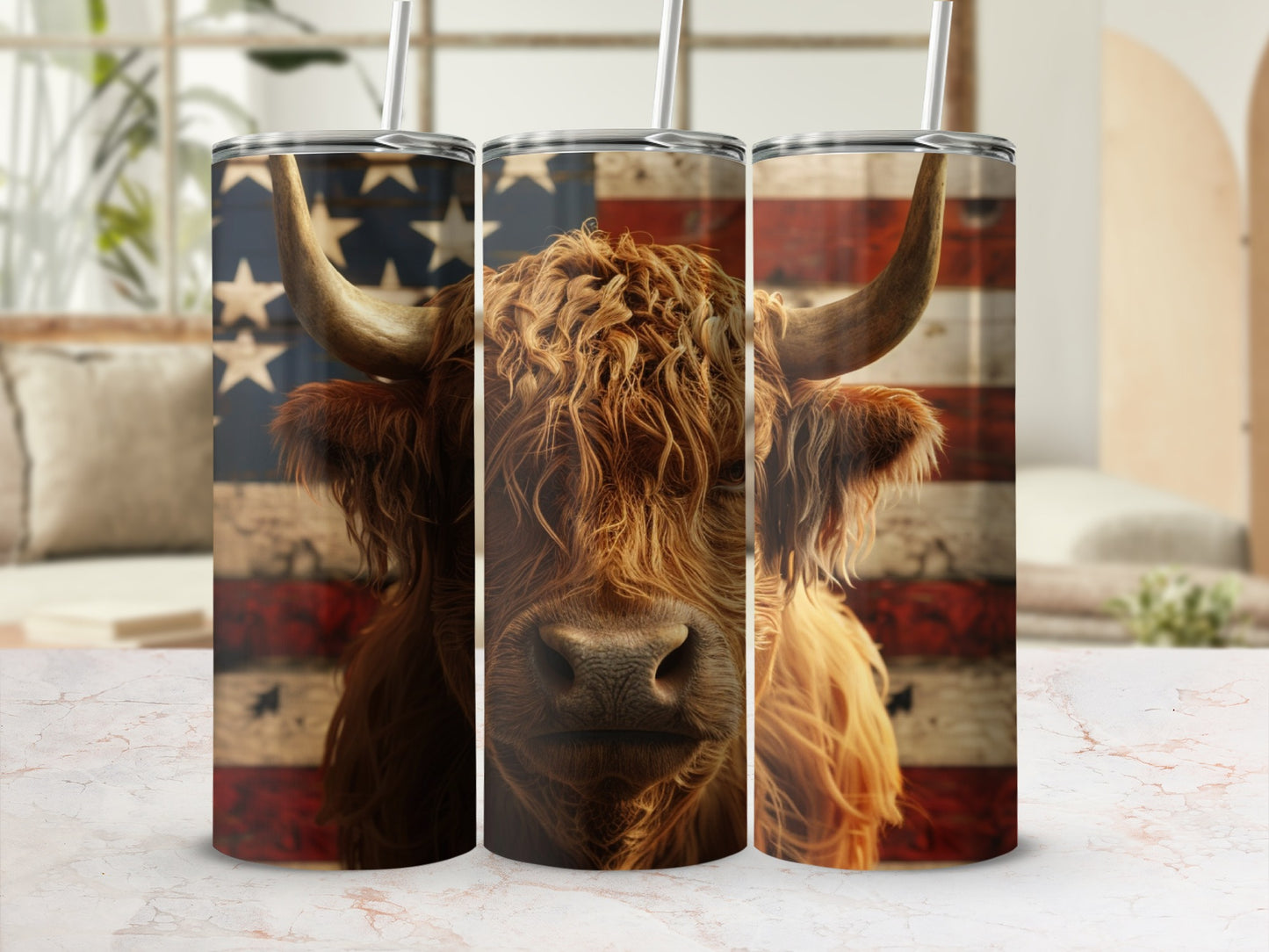 Highland cow with American flag background on three tumblers.