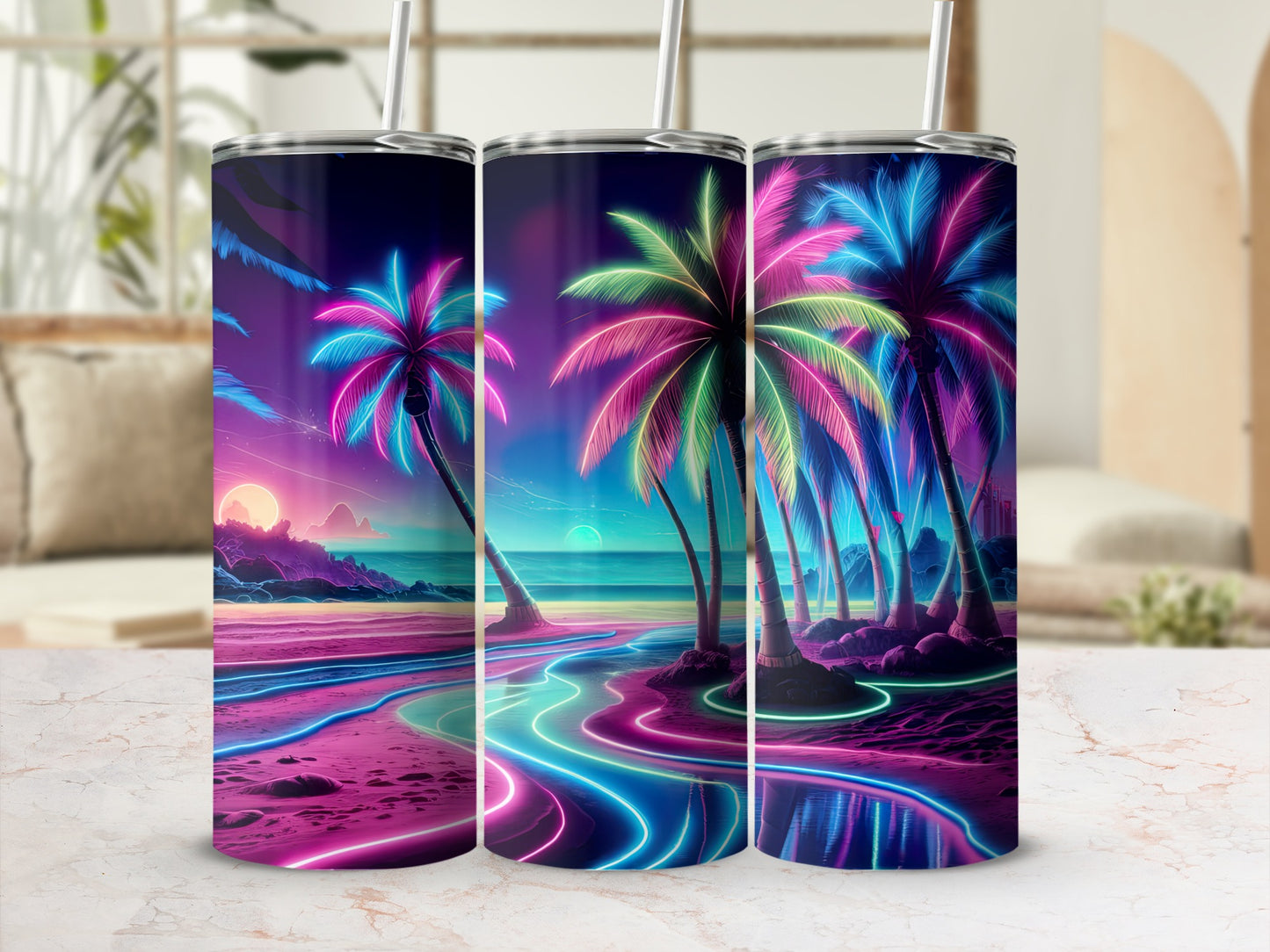 Three neon palm trees on a beach at sunset with glowing water and sand.