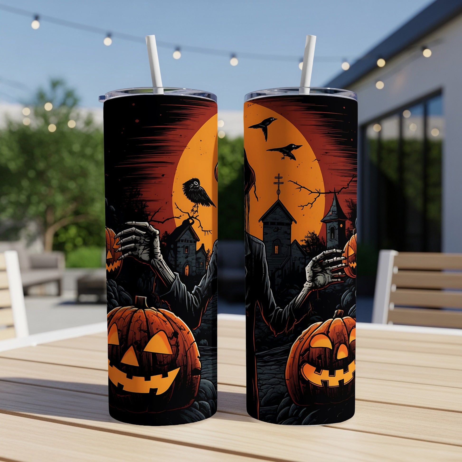 Two Halloween-themed tumblers featuring jack-o'-lanterns and spooky figures.