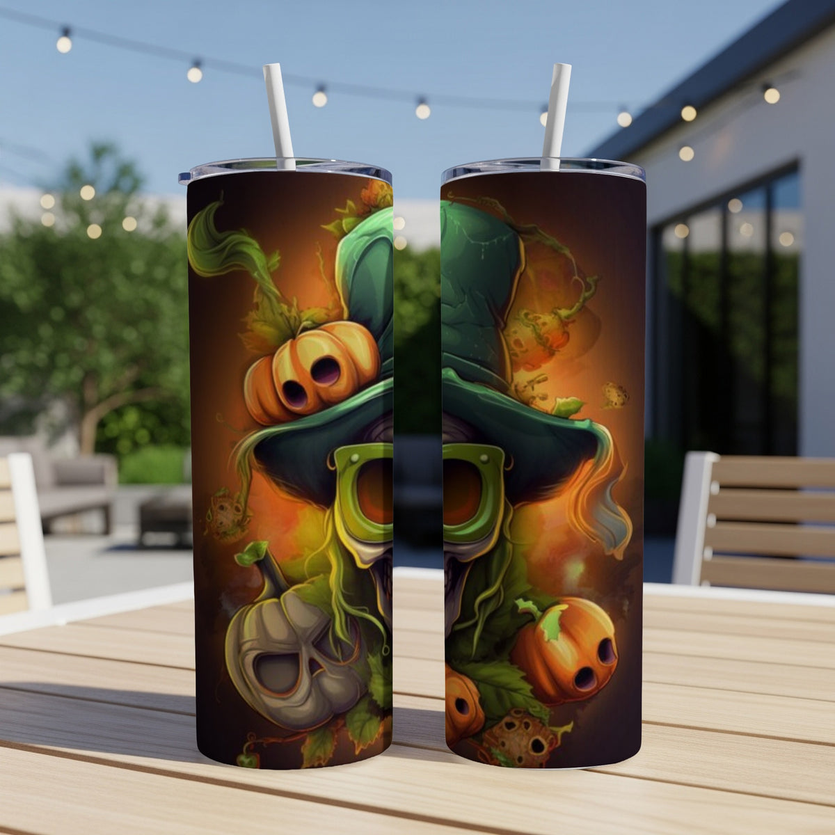 Halloween themed tumblers with pumpkins, skulls, and green accents.
