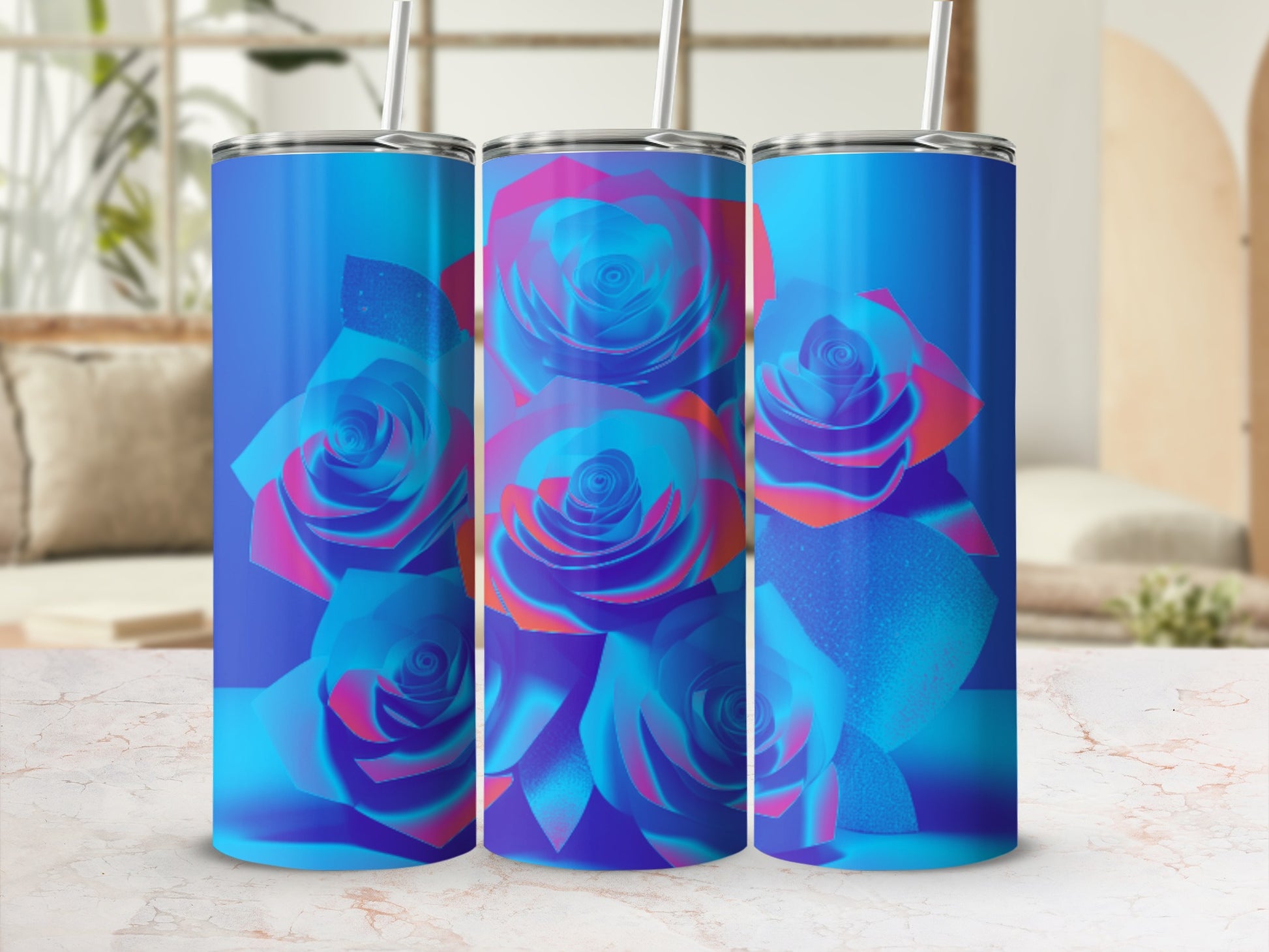 Blue tumbler with vibrant holographic rose pattern.