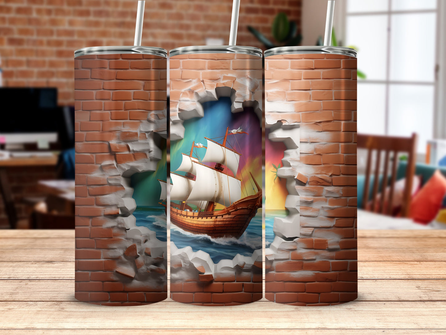 Sailing Ship Breaking Through Brick Wall Tumbler